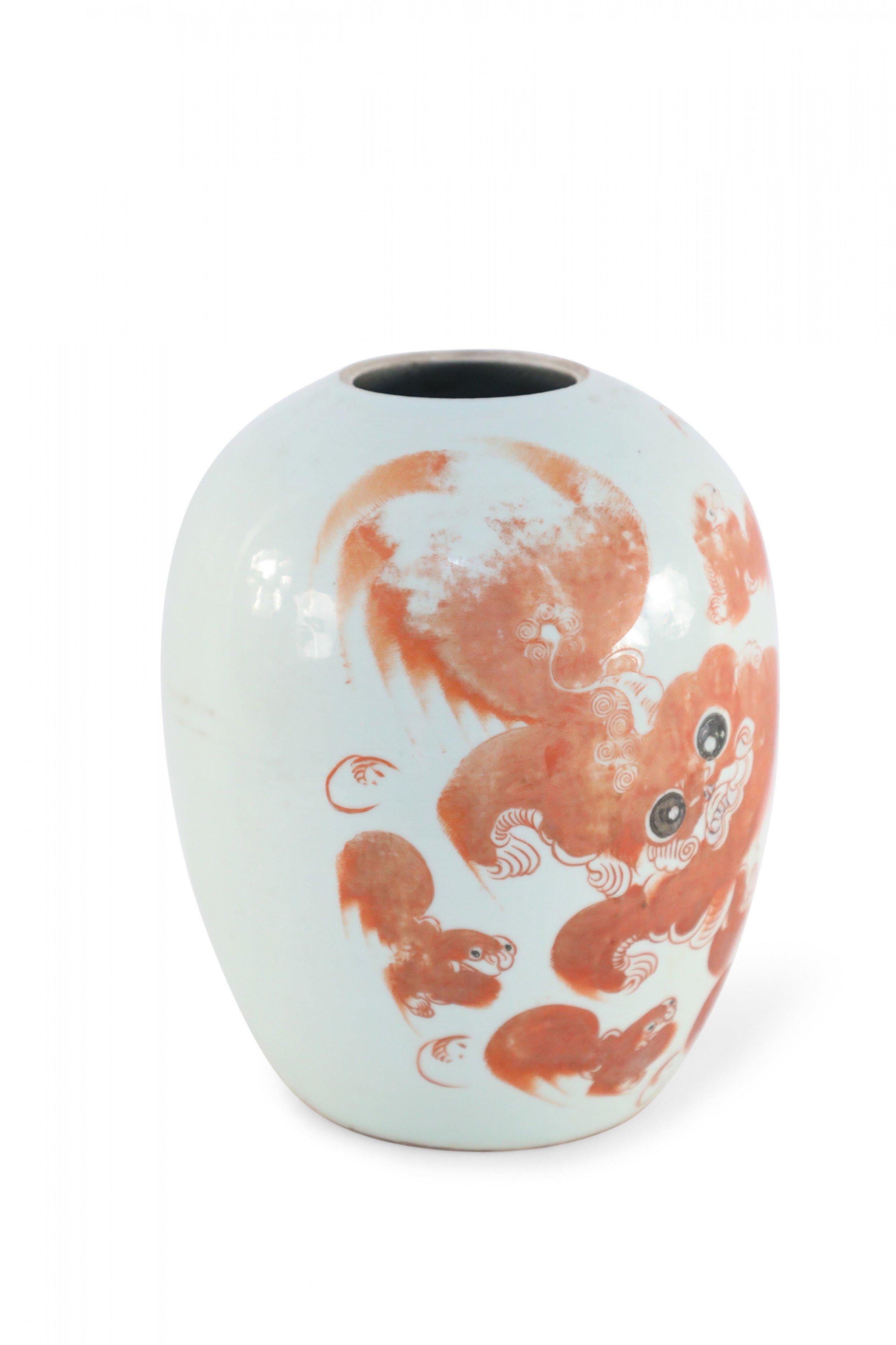 Chinese White and Orange Foo Dog Design Winter Melon Porcelain Jar For Sale 2