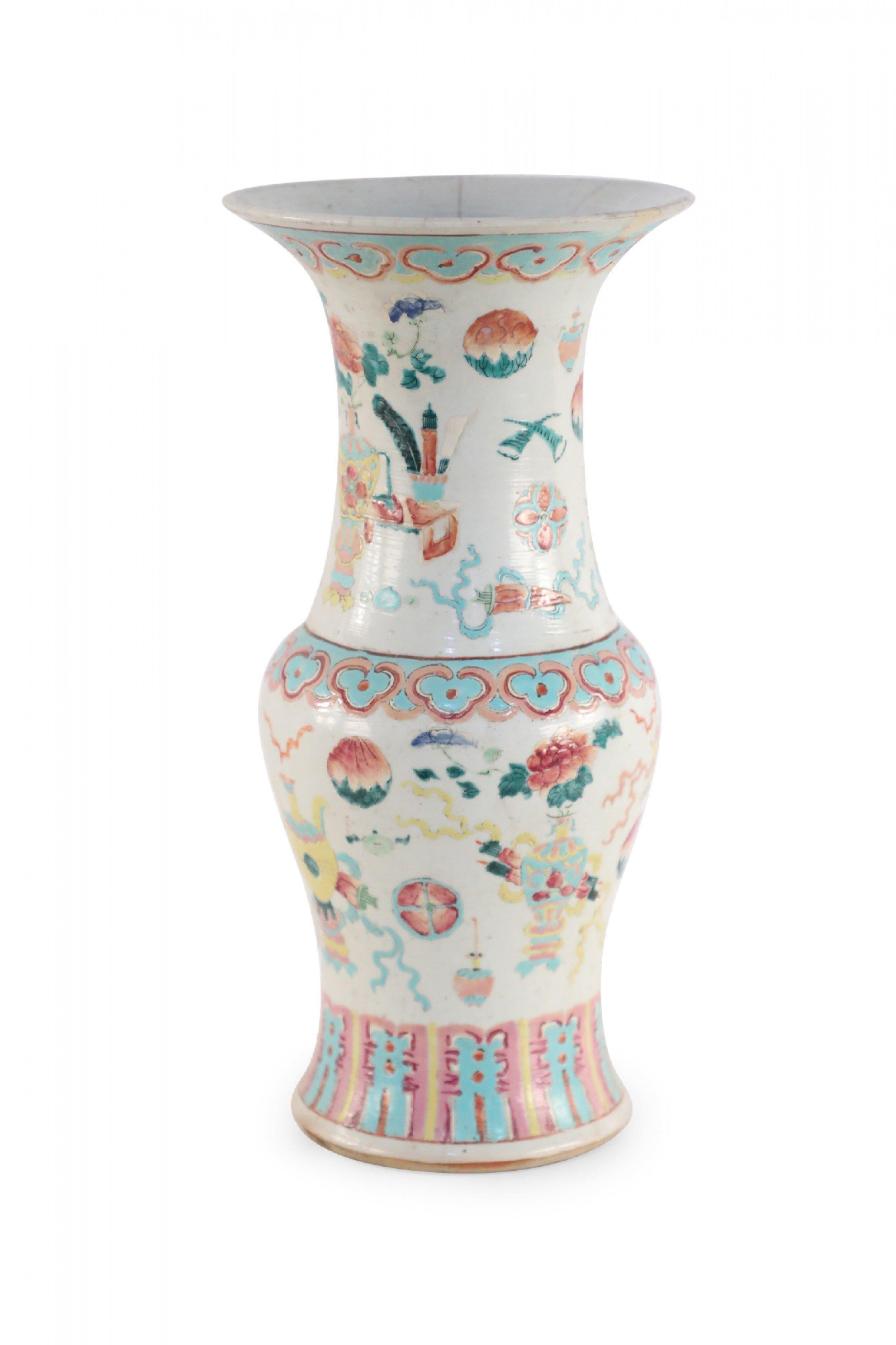 Chinese Export Chinese White and Pink, Blue and Yellow Bogu Pattern Porcelain Urn For Sale