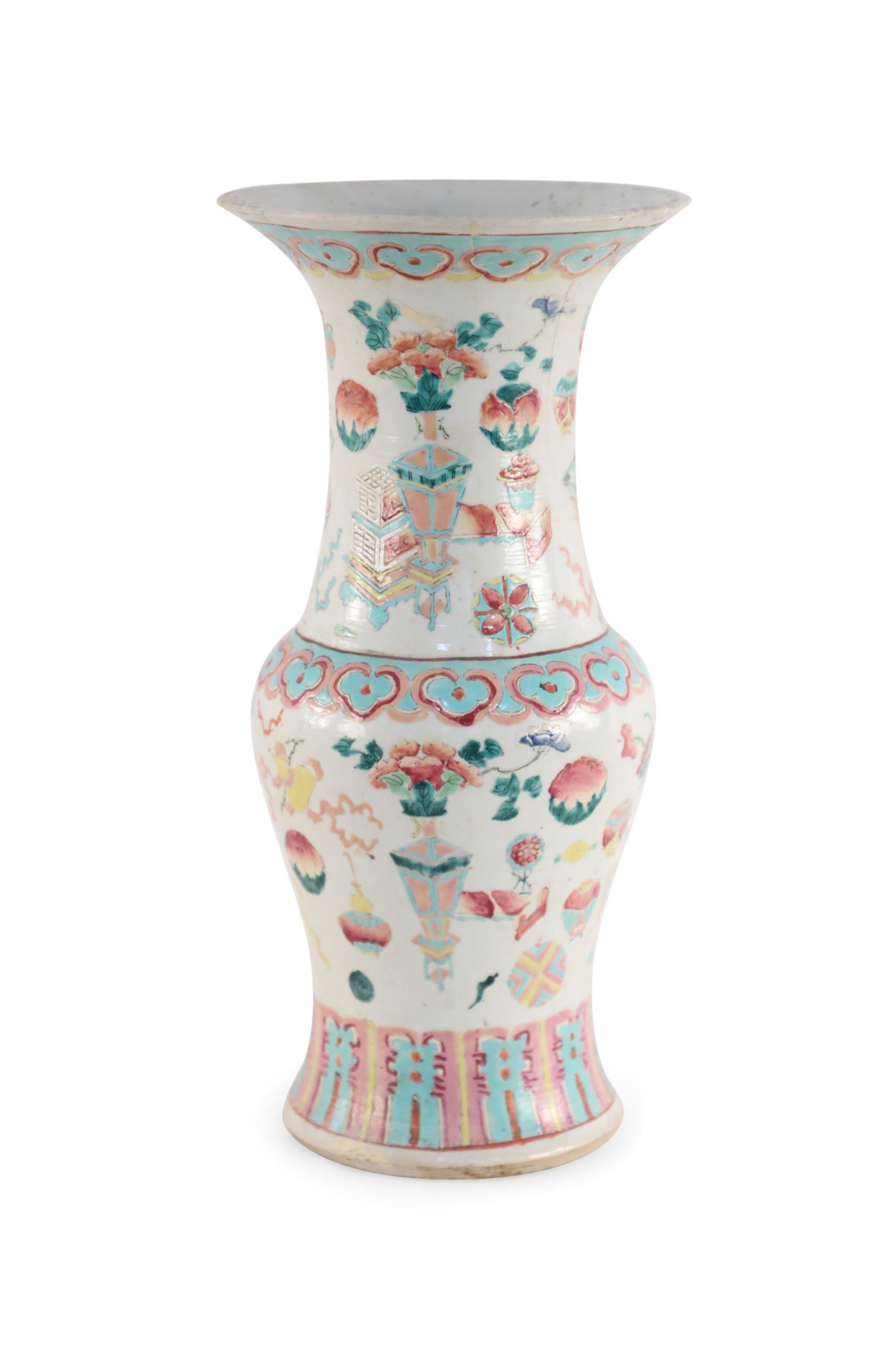 Chinese White and Pink, Blue and Yellow Bogu Pattern Porcelain Urn In Good Condition For Sale In New York, NY