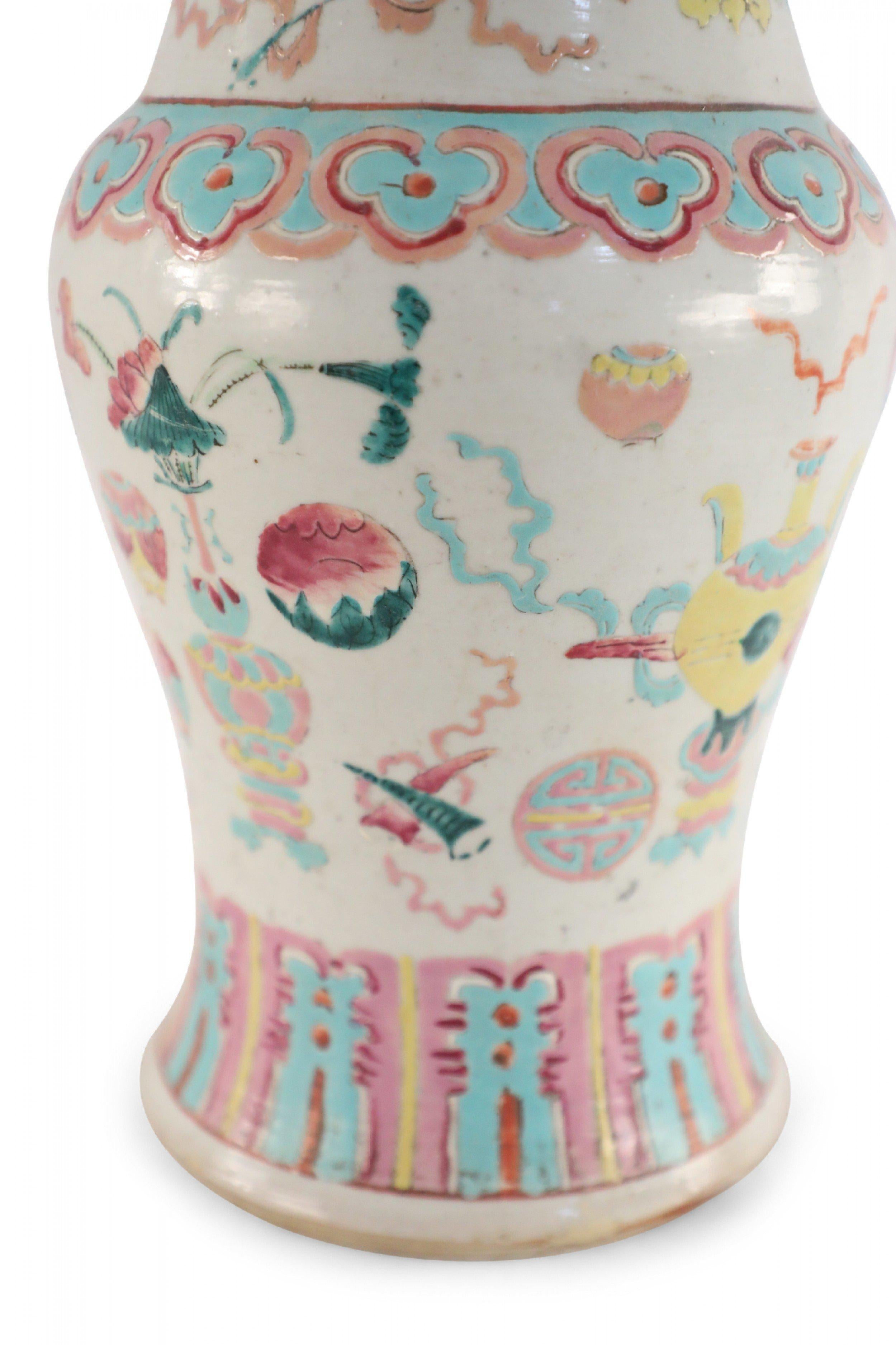 20th Century Chinese White and Pink, Blue and Yellow Bogu Pattern Porcelain Urn For Sale