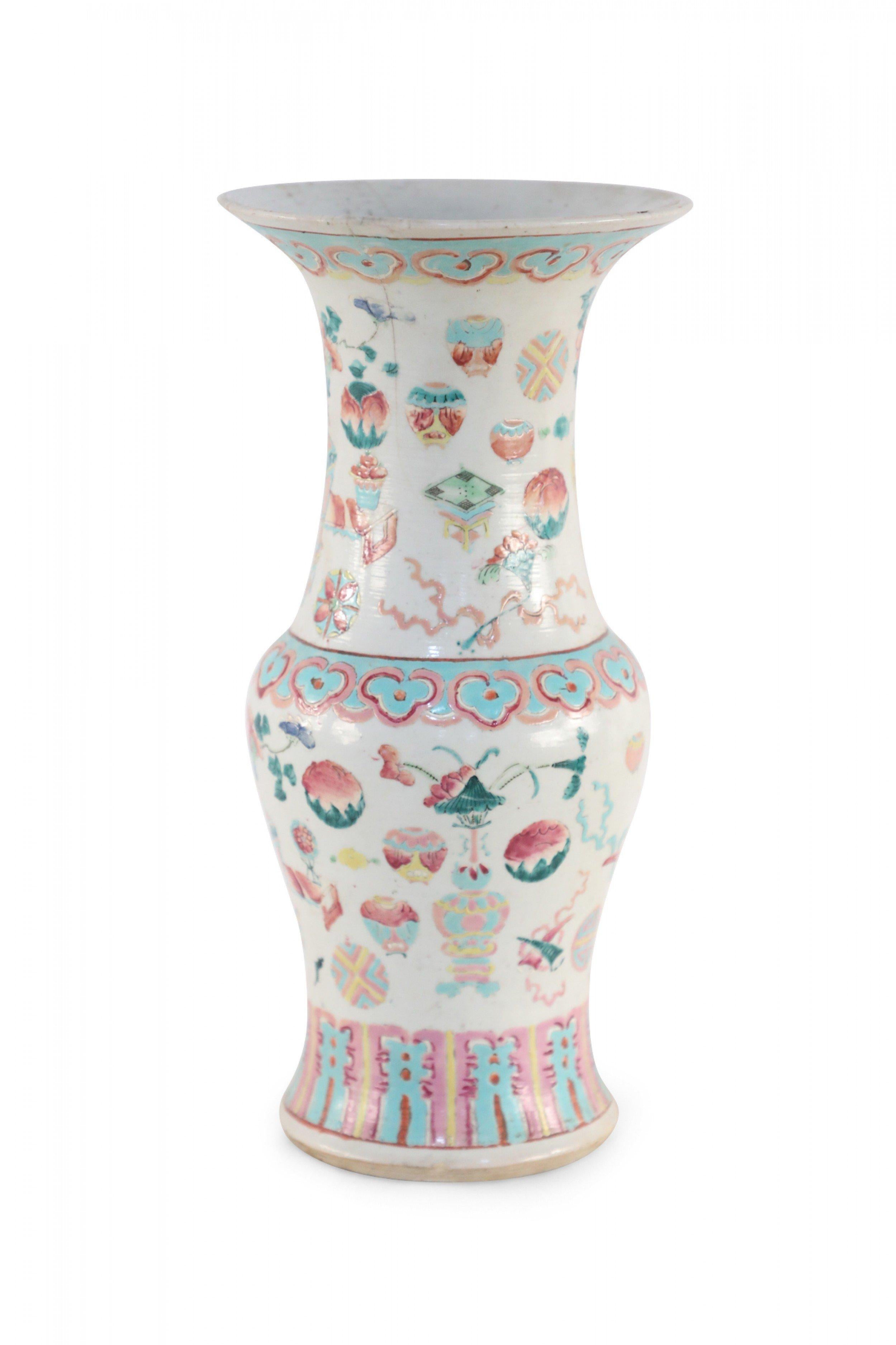 Chinese White and Pink, Blue and Yellow Bogu Pattern Porcelain Urn For Sale 1