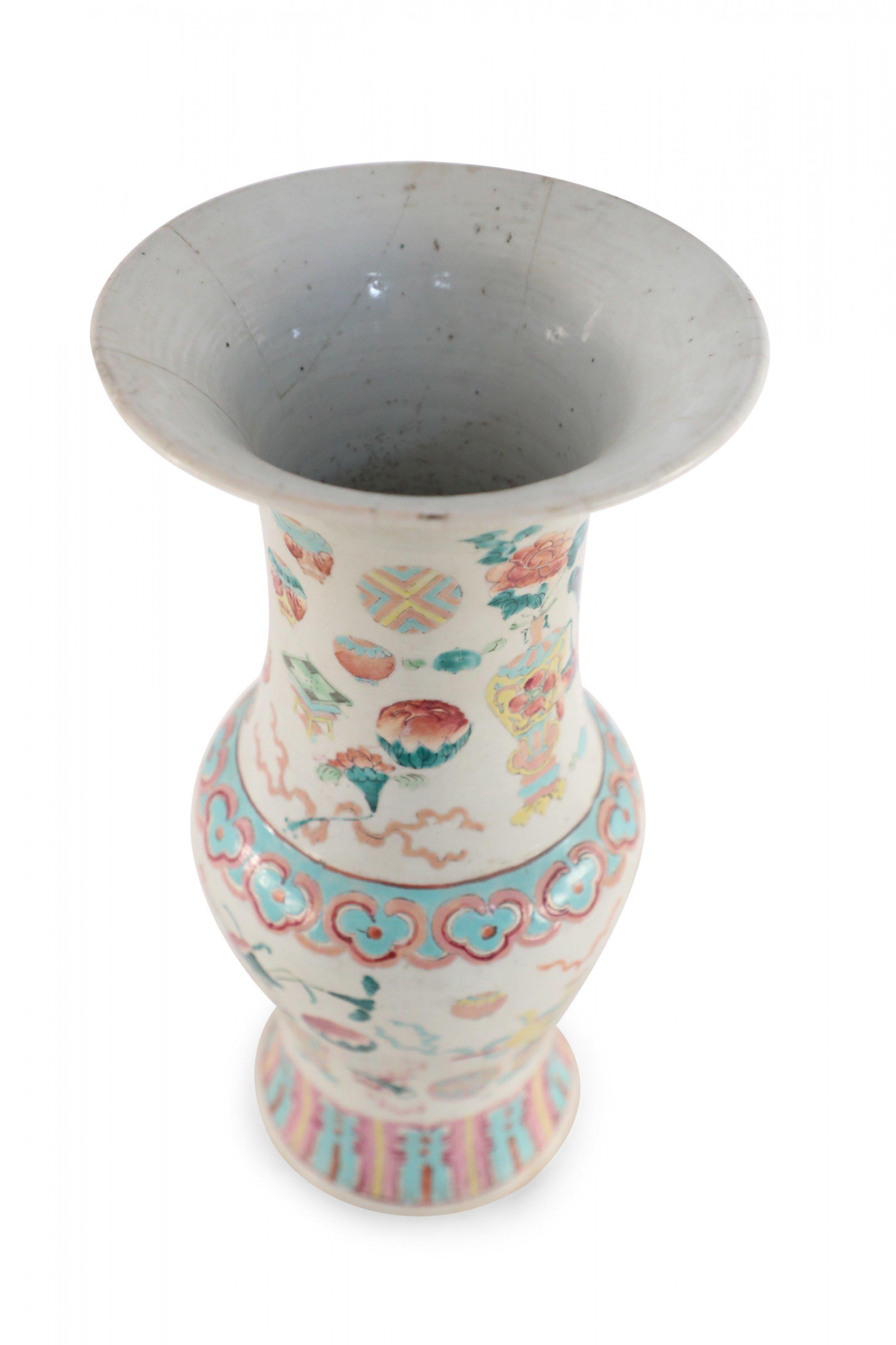 Chinese White and Pink, Blue and Yellow Bogu Pattern Porcelain Urn For Sale 2