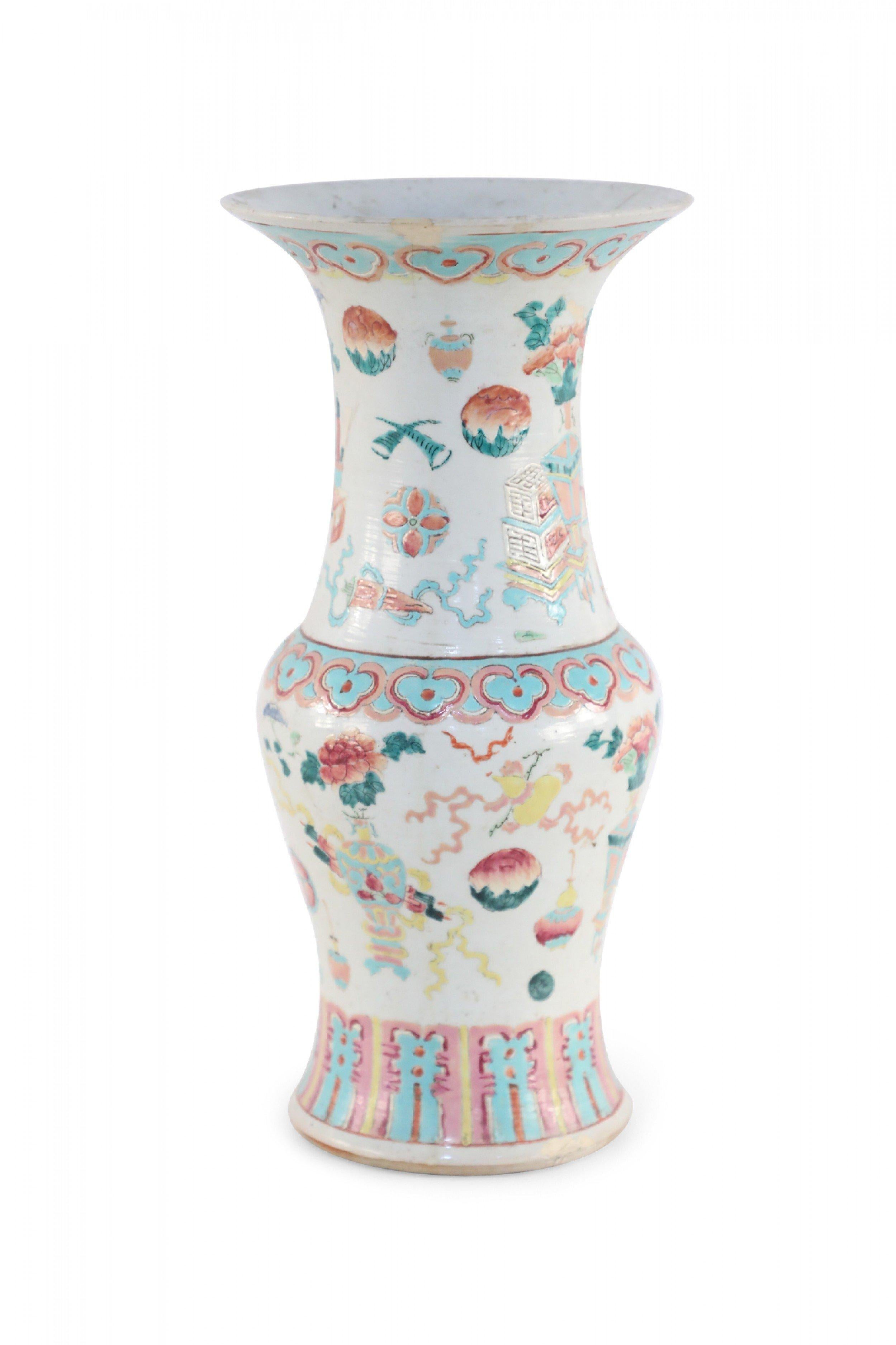 Chinese White and Pink, Blue and Yellow Bogu Pattern Porcelain Urn For Sale 3