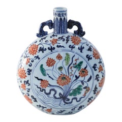 Chinese White, Blue and Orange Floral Moon Flask Vase