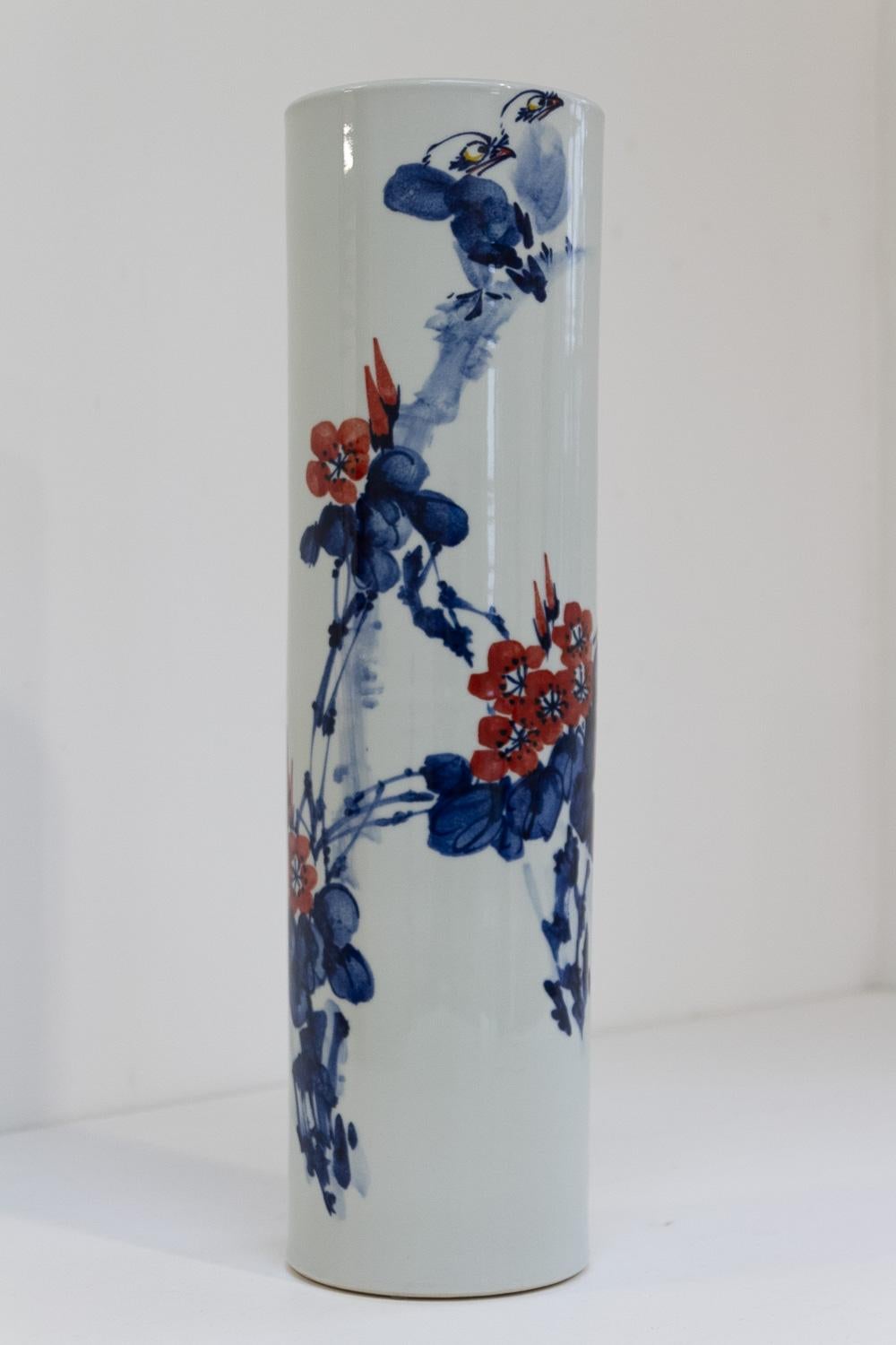 Chinese White, Blue and Red Cylindrical Porcelain Vase, 1970s. 5
