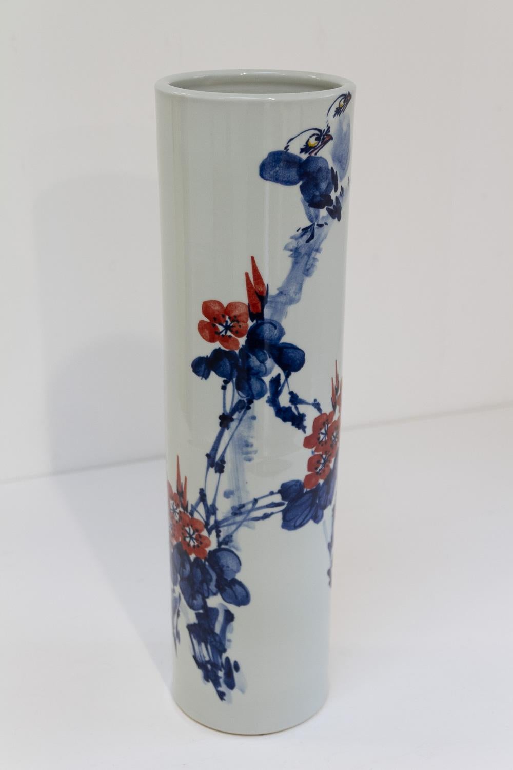 Chinese White, Blue and Red Cylindrical Porcelain Vase, 1970s. 6