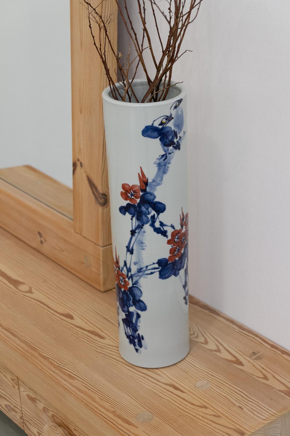 Chinese White, Blue and Red Cylindrical Porcelain Vase, 1970s. 10