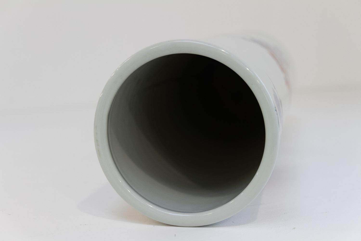 Chinese White, Blue and Red Cylindrical Porcelain Vase, 1970s. 2