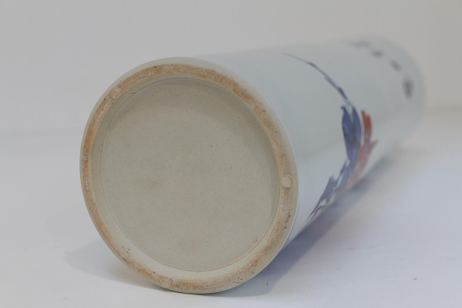 Chinese White, Blue and Red Cylindrical Porcelain Vase, 1970s. 3