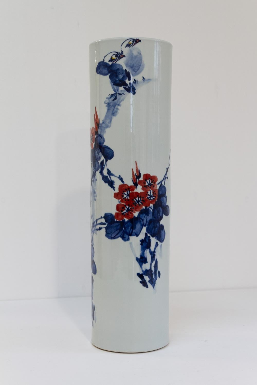Chinese White, Blue and Red Cylindrical Porcelain Vase, 1970s. 4