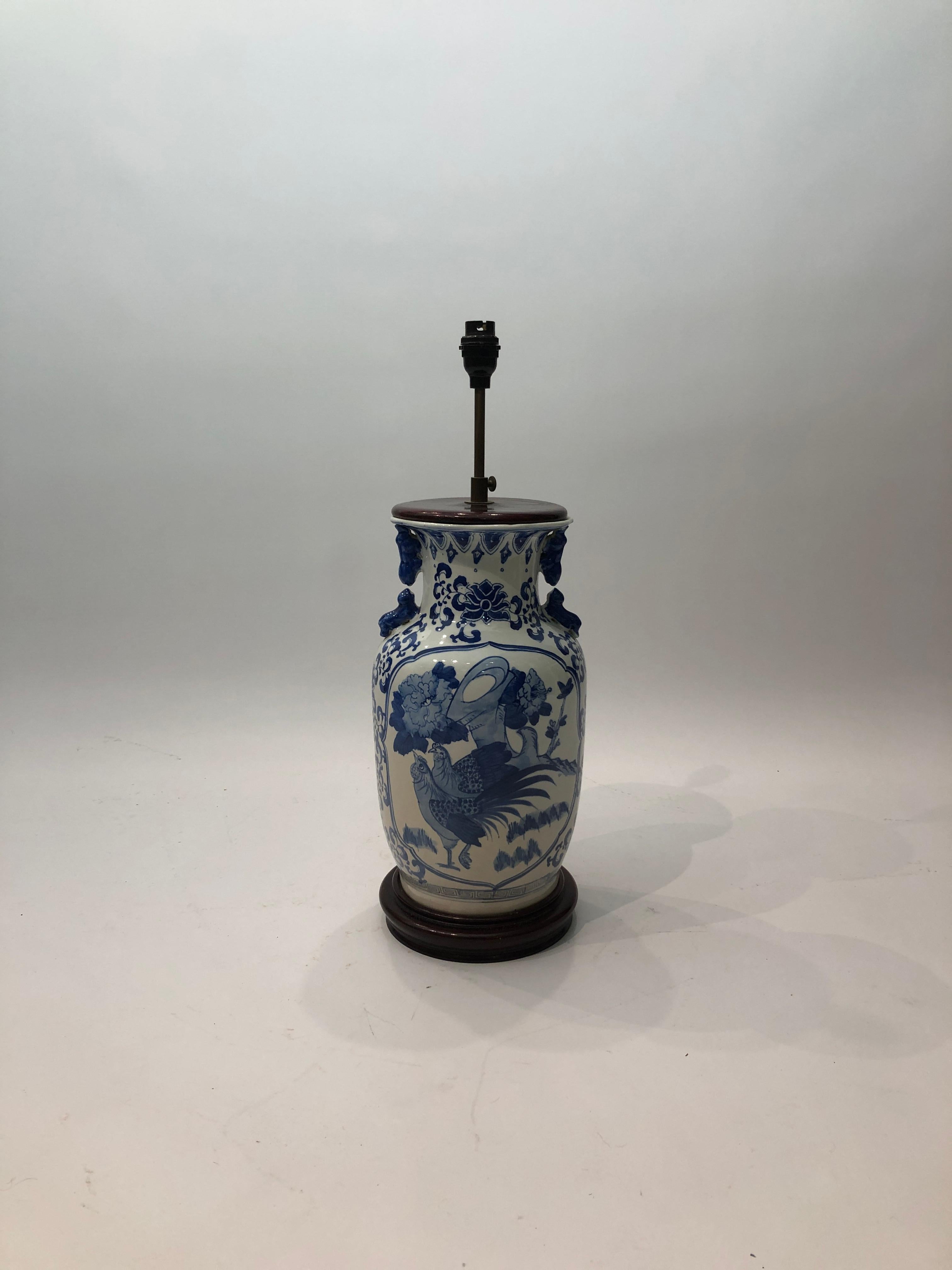 Chinese White Blue Glazed Ceramic Cock Lamp 1970s Art Vintage Chinoiserie For Sale 5
