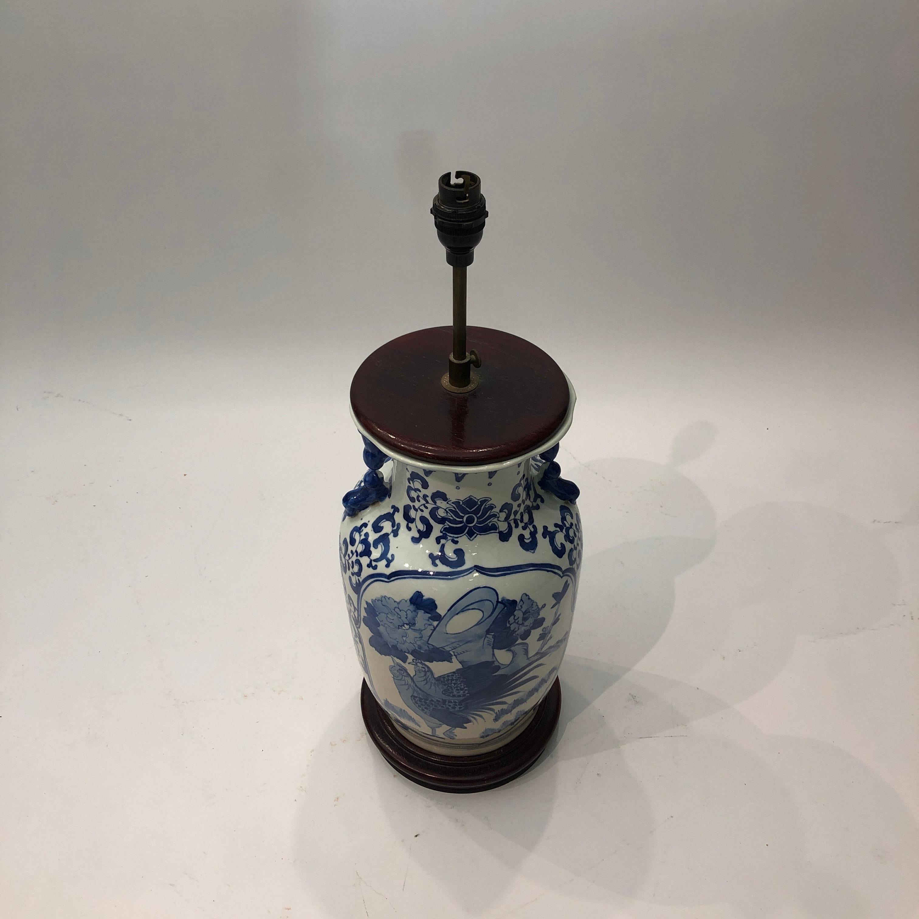 Chinese White Blue Glazed Ceramic Cock Lamp 1970s Art Vintage Chinoiserie For Sale 6