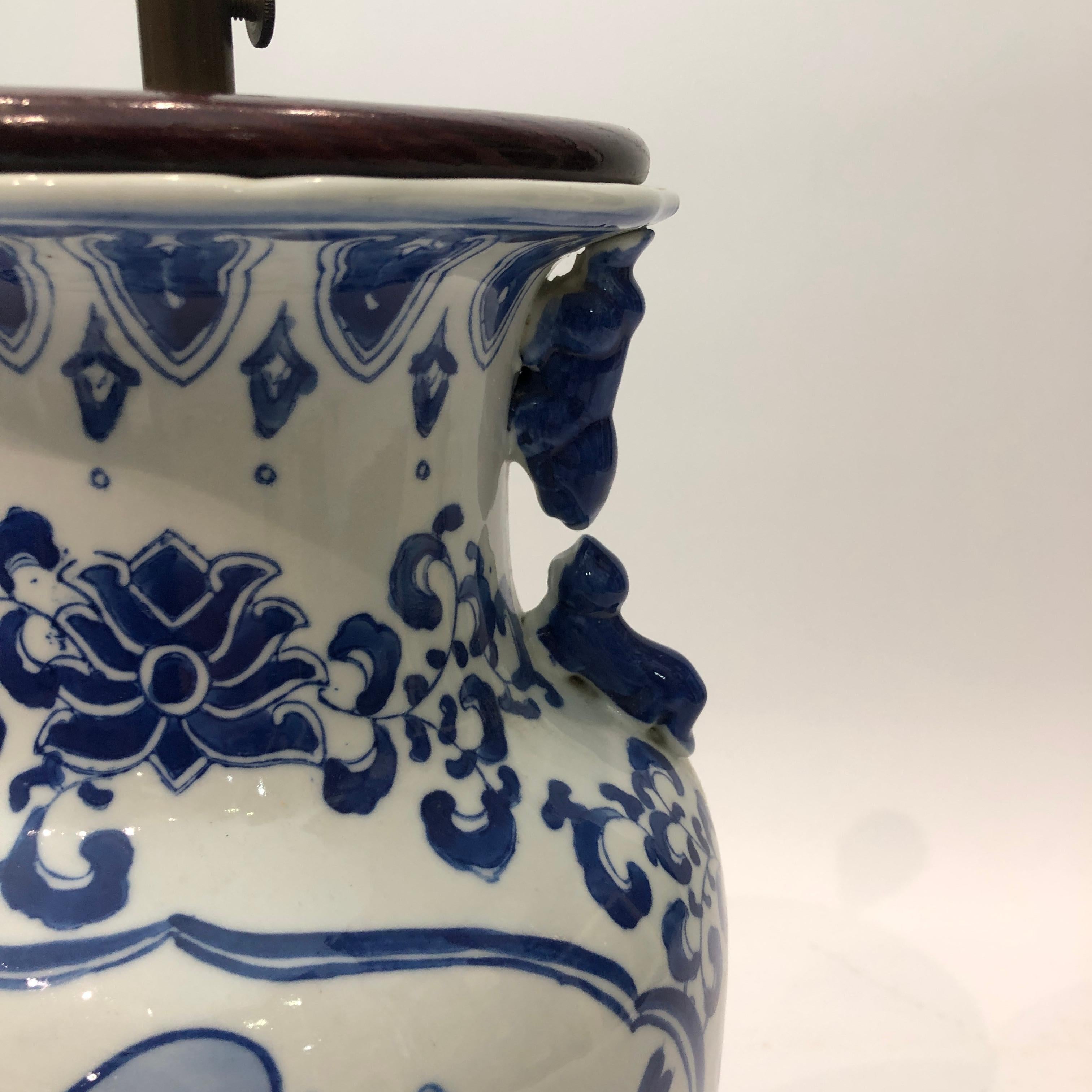 Metal Chinese White Blue Glazed Ceramic Cock Lamp 1970s Art Vintage Chinoiserie For Sale