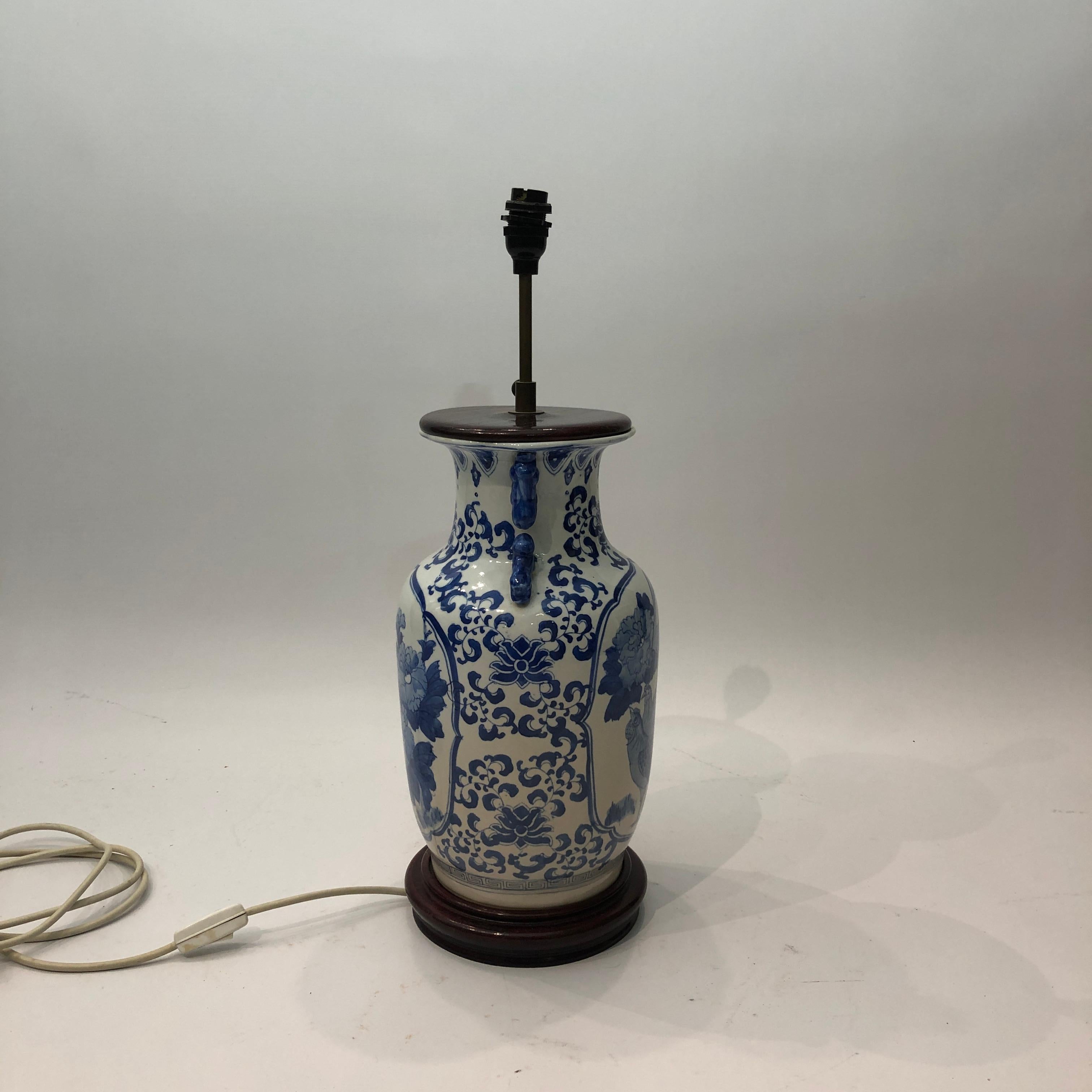 Chinese White Blue Glazed Ceramic Cock Lamp 1970s Art Vintage Chinoiserie For Sale 1