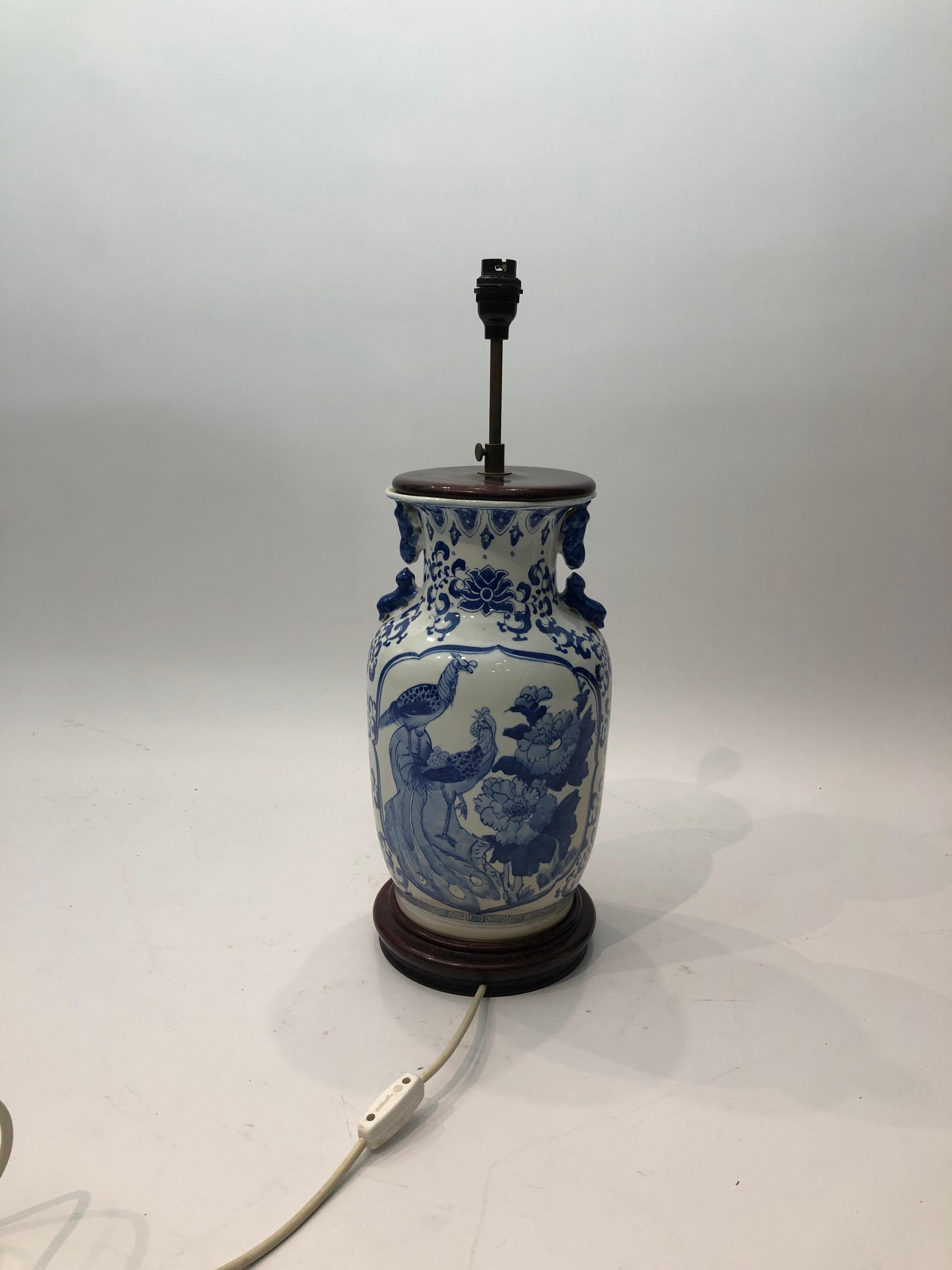 Chinese White Blue Glazed Ceramic Cock Lamp 1970s Art Vintage Chinoiserie For Sale 2