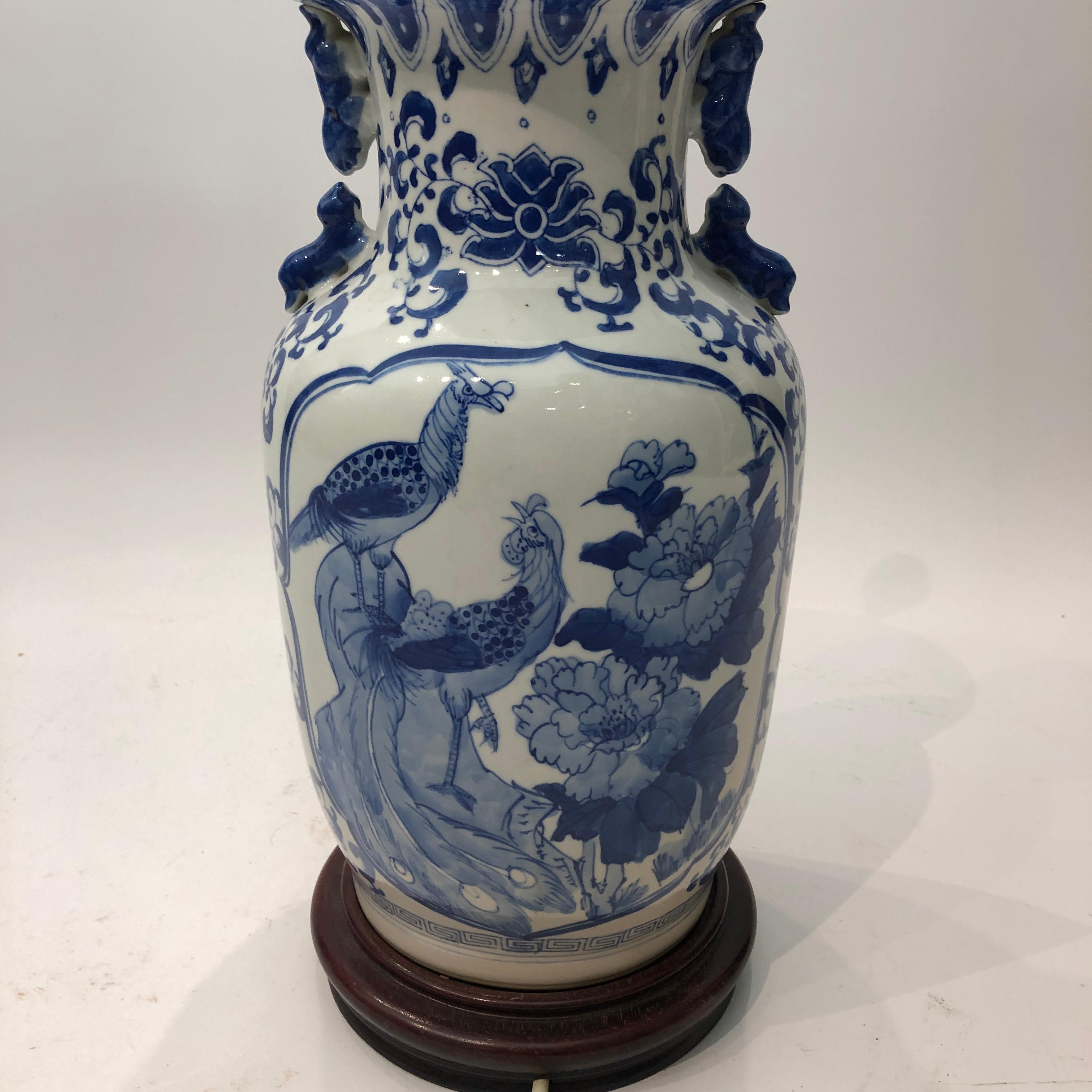 Chinese White Blue Glazed Ceramic Cock Lamp 1970s Art Vintage Chinoiserie For Sale 3