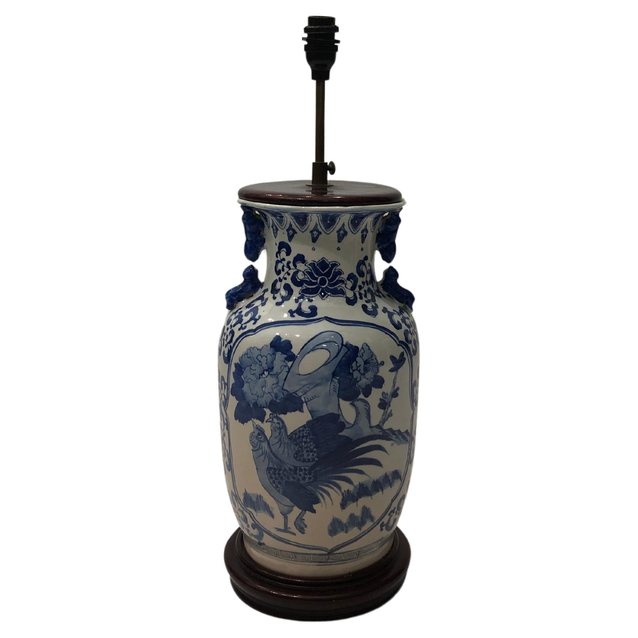 Chinese White Blue Glazed Ceramic Cock Lamp 1970s Art Vintage Chinoiserie