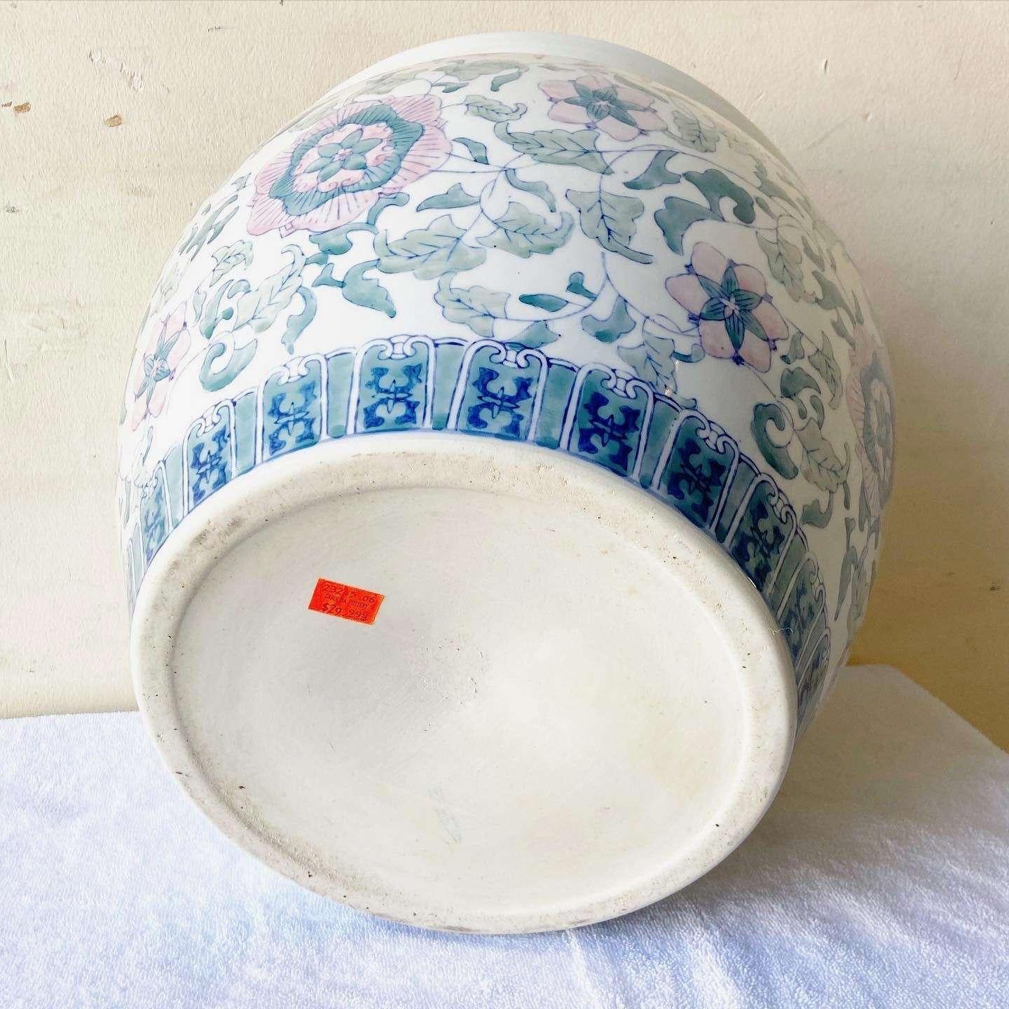Late 20th Century Chinese White Blue & Pink Lotus Vase For Sale