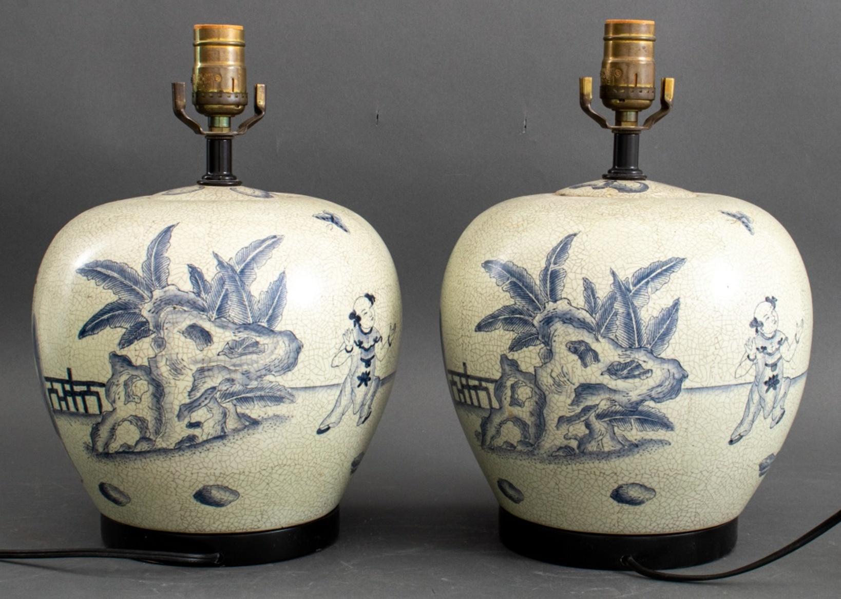 20th Century Chinese White & Blue Porcelain Ginger Vase Lamp, Pair For Sale