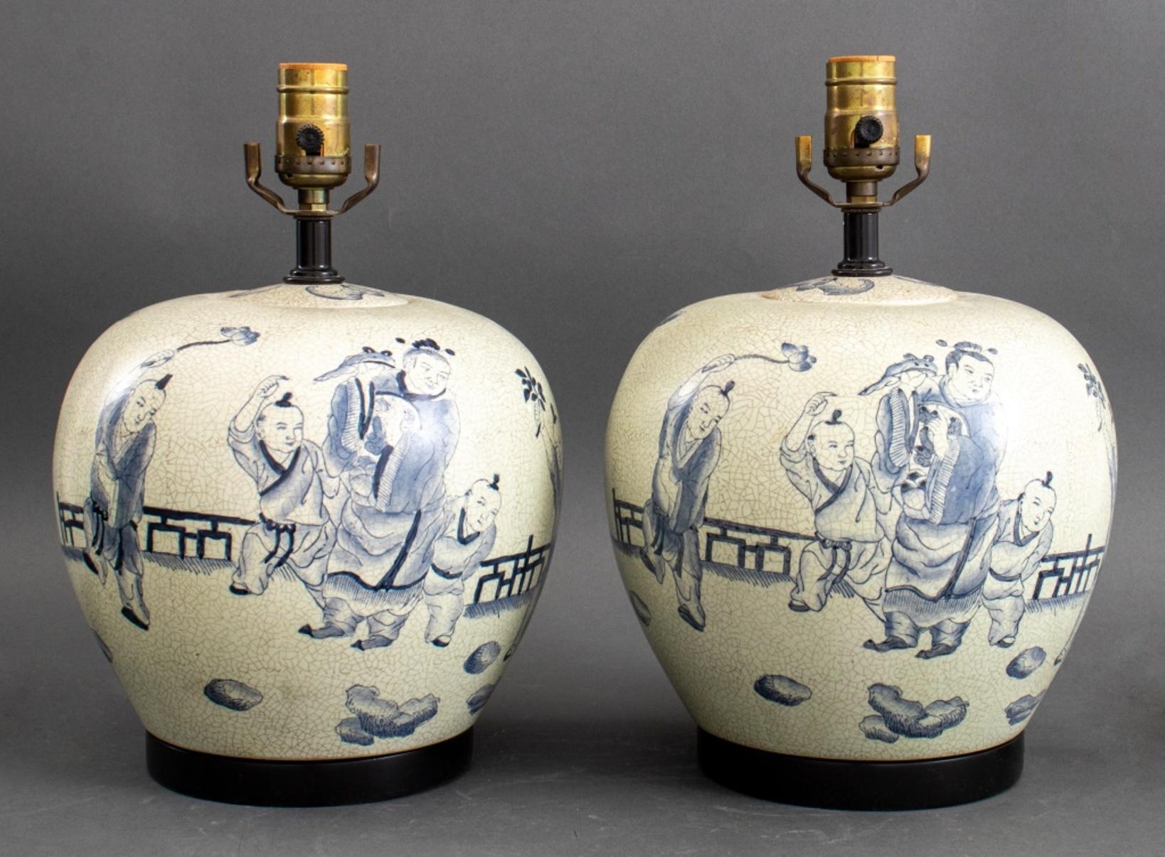 Chinese White & Blue Porcelain Ginger Vase Lamp, Pair For Sale