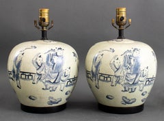 Antique Chinese White & Blue Porcelain Ginger Vase Lamp, Pair