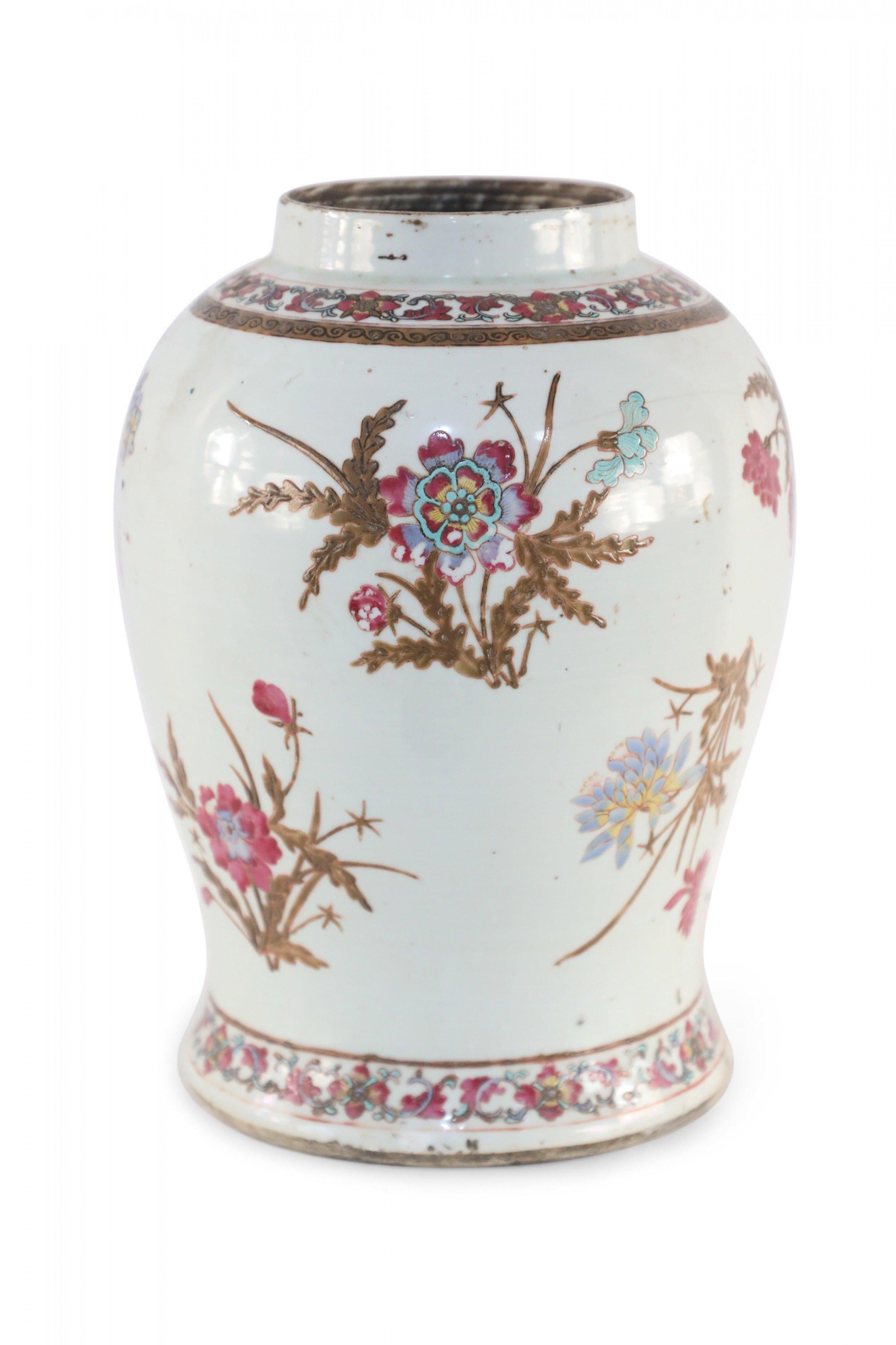 Chinese Export Chinese White, Brown, and Magenta Floral Motif Porcelain Vase For Sale