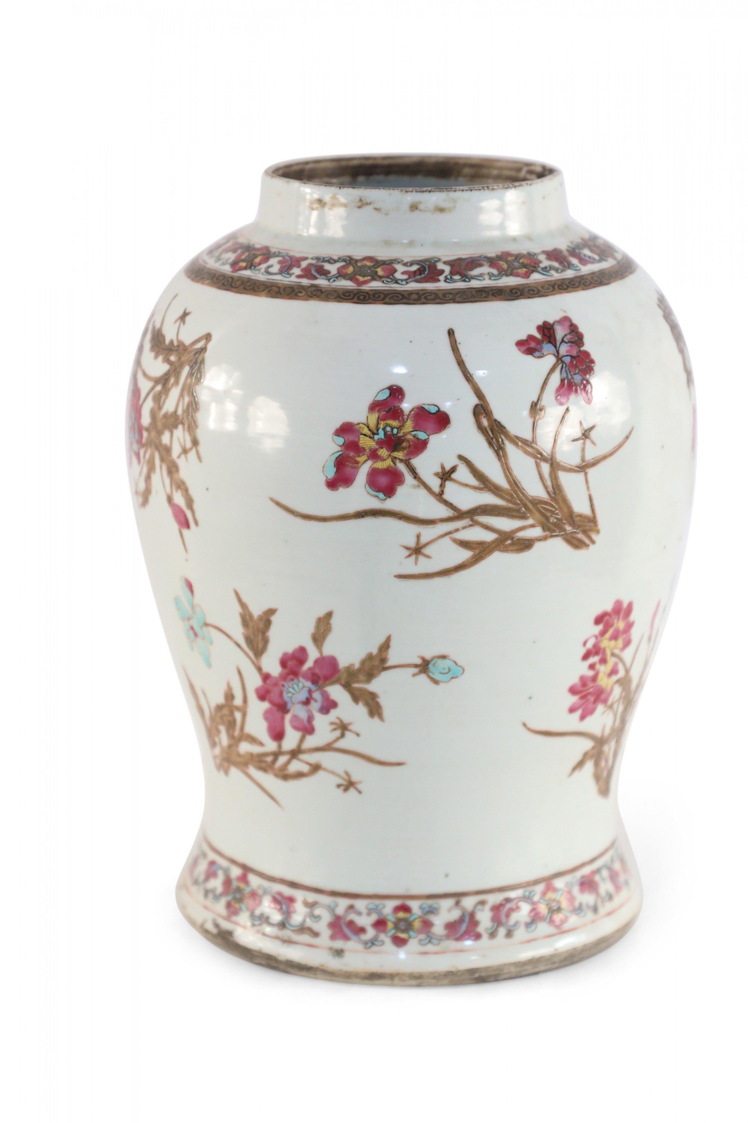 Chinese White, Brown, and Magenta Floral Motif Porcelain Vase In Good Condition For Sale In New York, NY