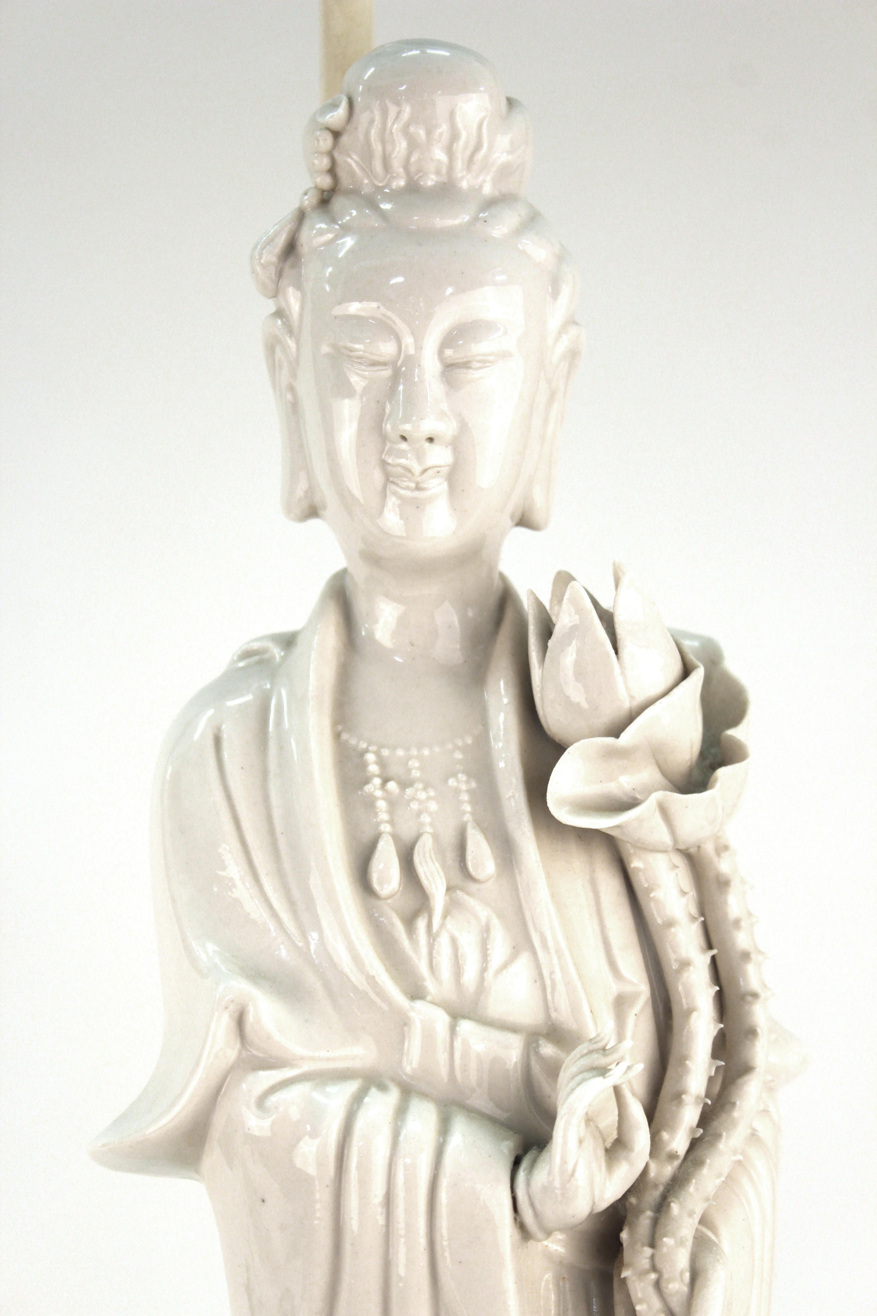 20th Century Chinese White Ceramic Guanyin Buddha Table Lamps