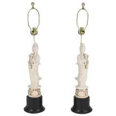 Chinese White Ceramic Guanyin Buddha Table Lamps