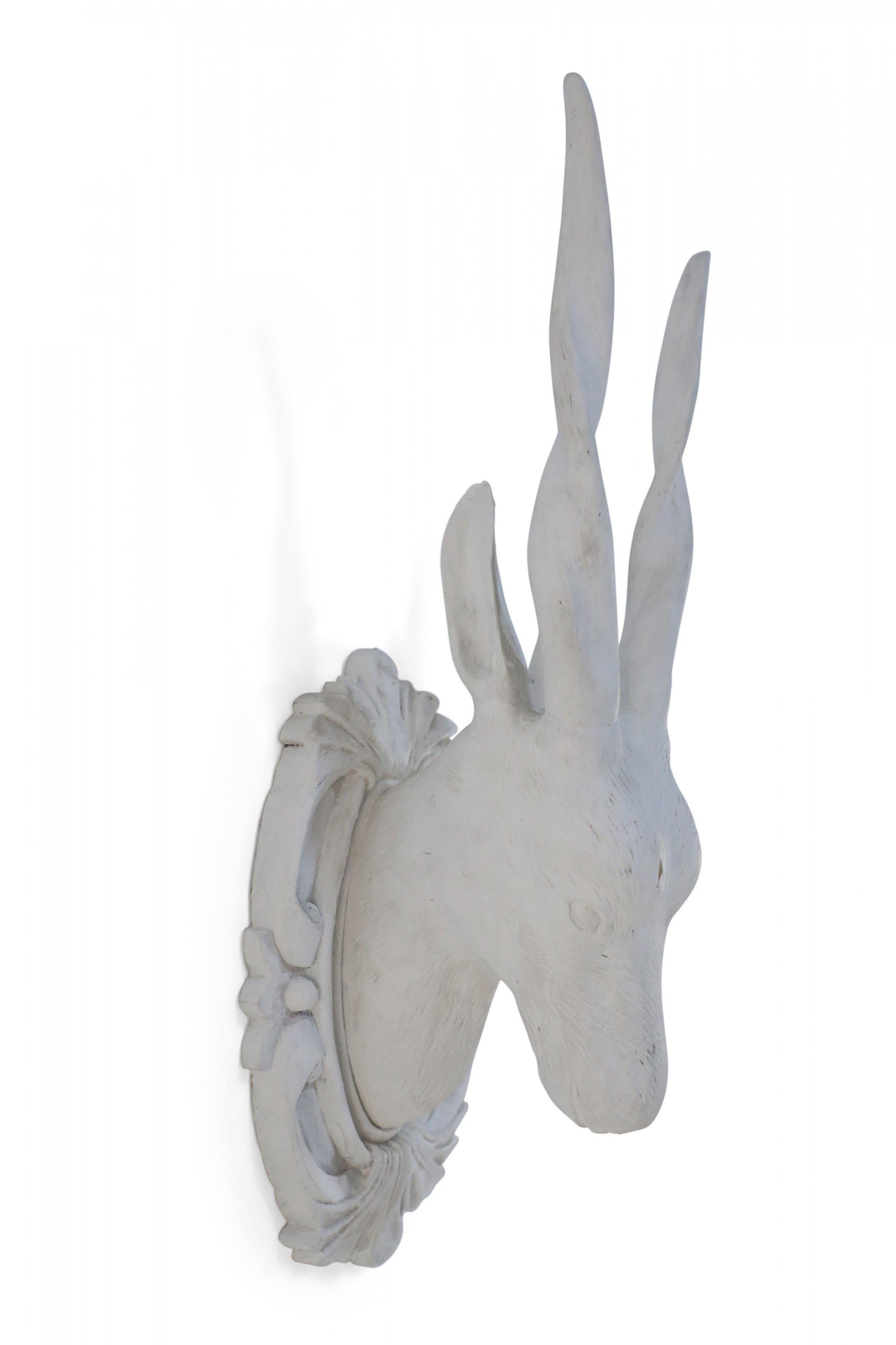 Carved Chinese White Gesso Horned Antelope Head Wall Plaque For Sale