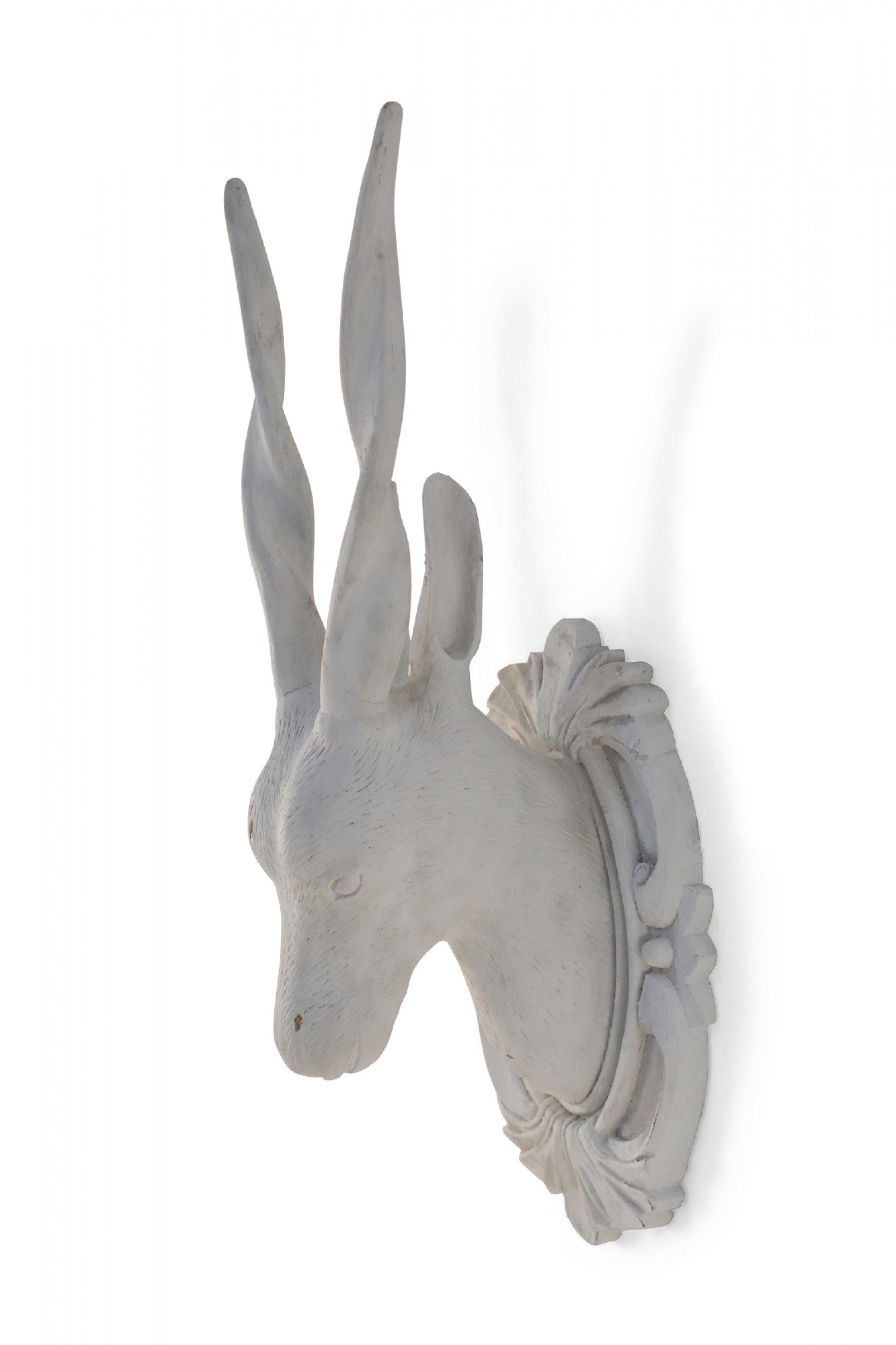 Chinese White Gesso Horned Antelope Head Wall Plaque In Good Condition For Sale In New York, NY