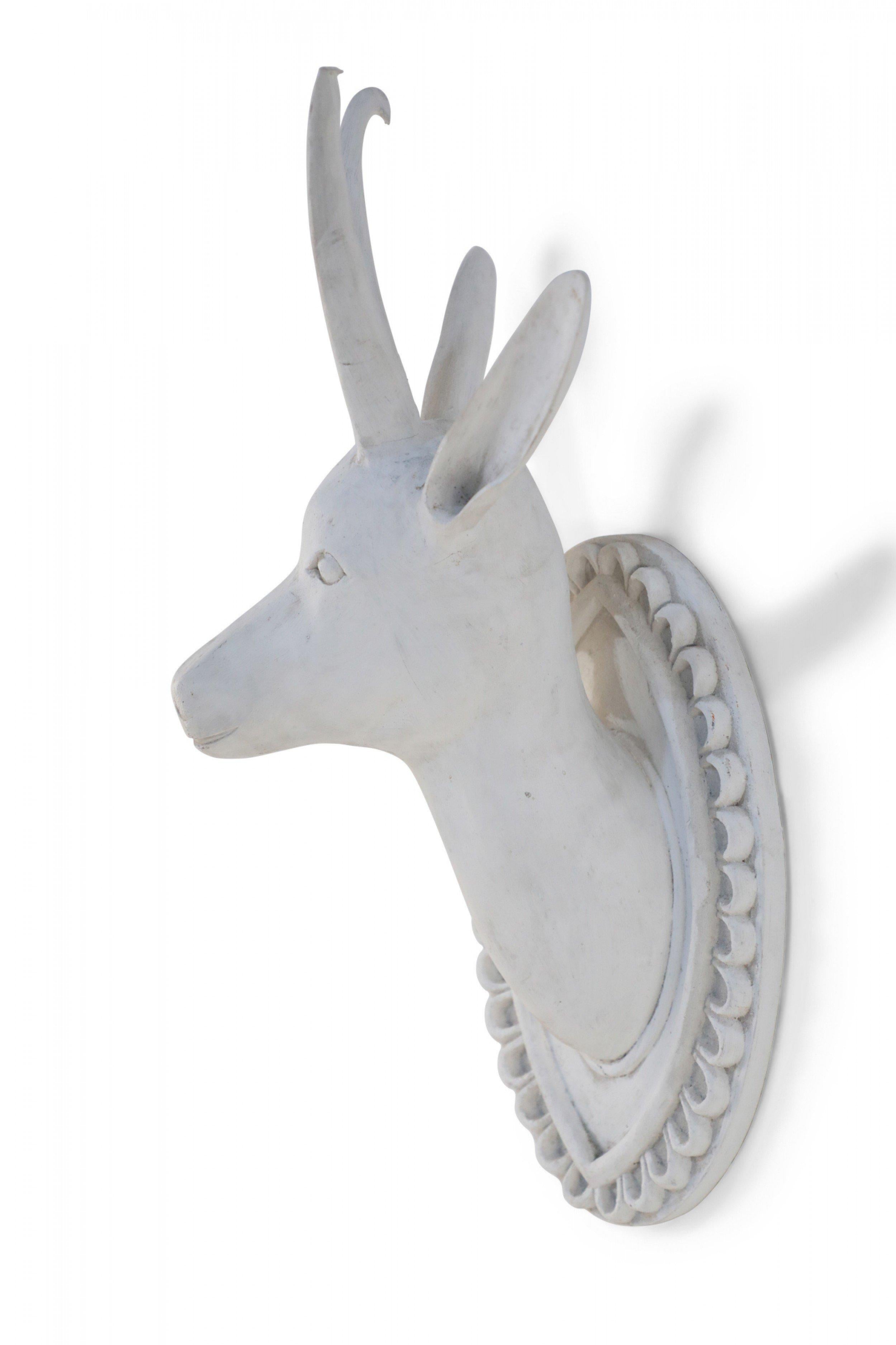 Chinese Export Chinese White Gesso Horned Goat Head Wall Plaque For Sale