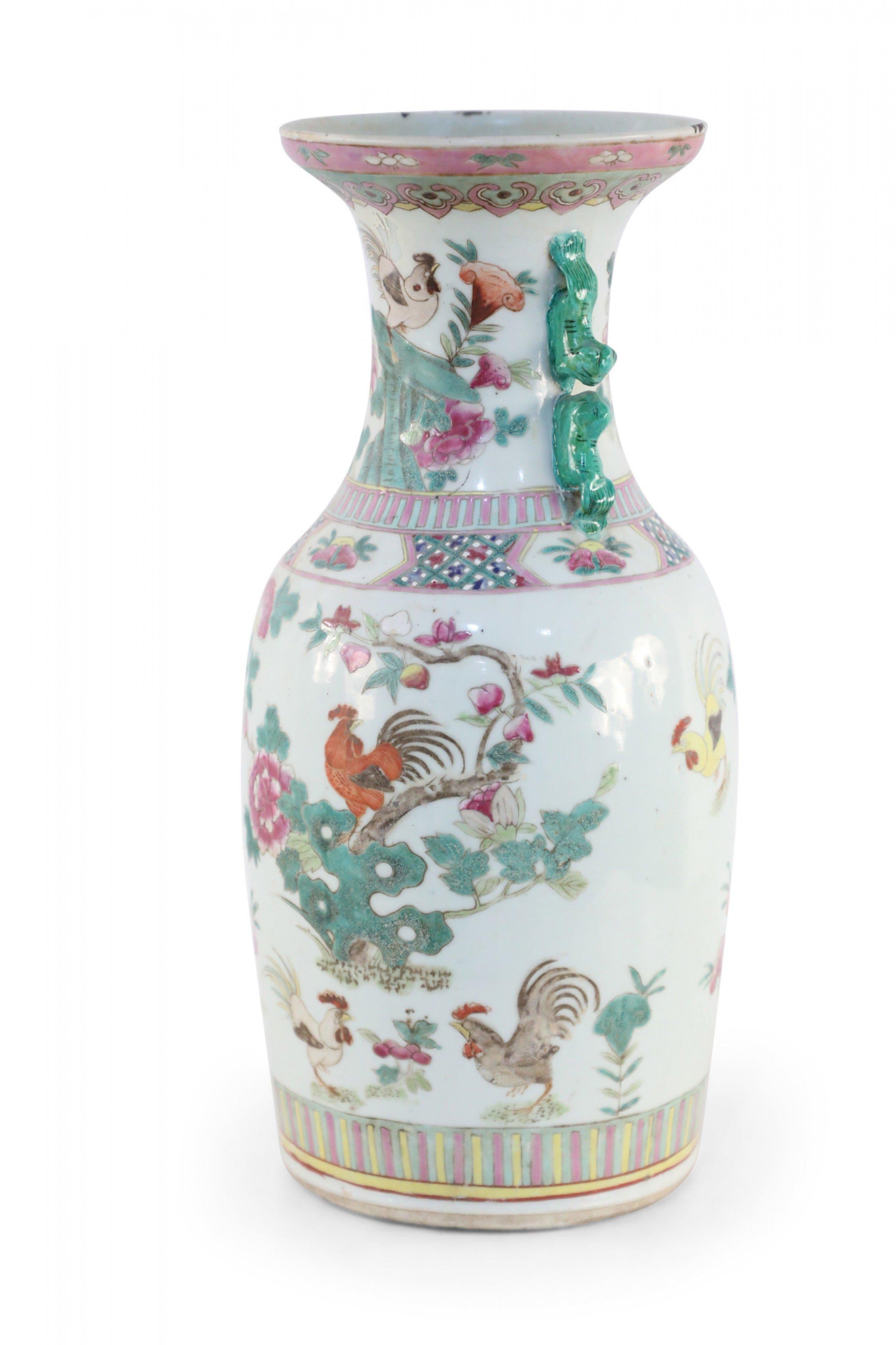 Chinese White, Green, and Pink Floral and Rooster Design Porcelain Urn For Sale 3