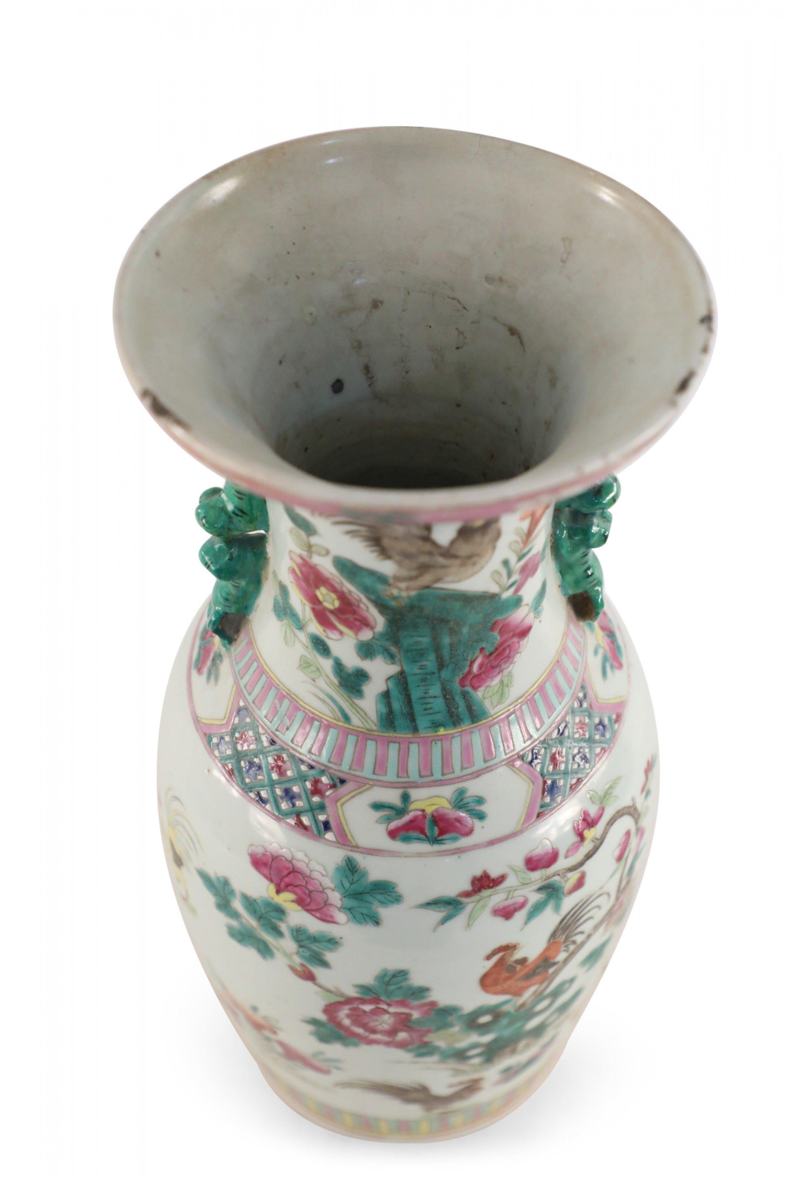 Chinese White, Green, and Pink Floral and Rooster Design Porcelain Urn For Sale 4