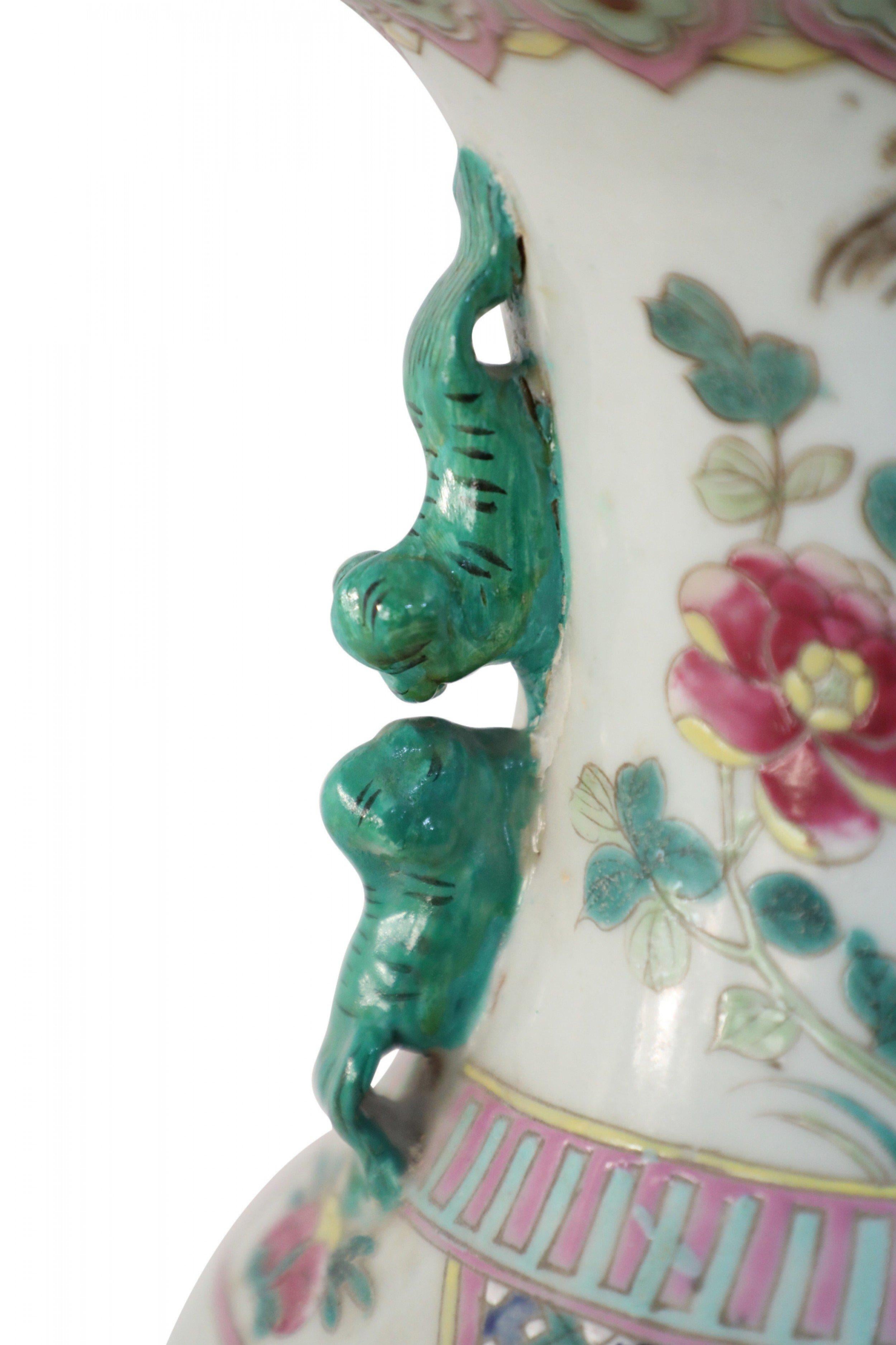 Chinese Export Chinese White, Green, and Pink Floral and Rooster Design Porcelain Urn For Sale