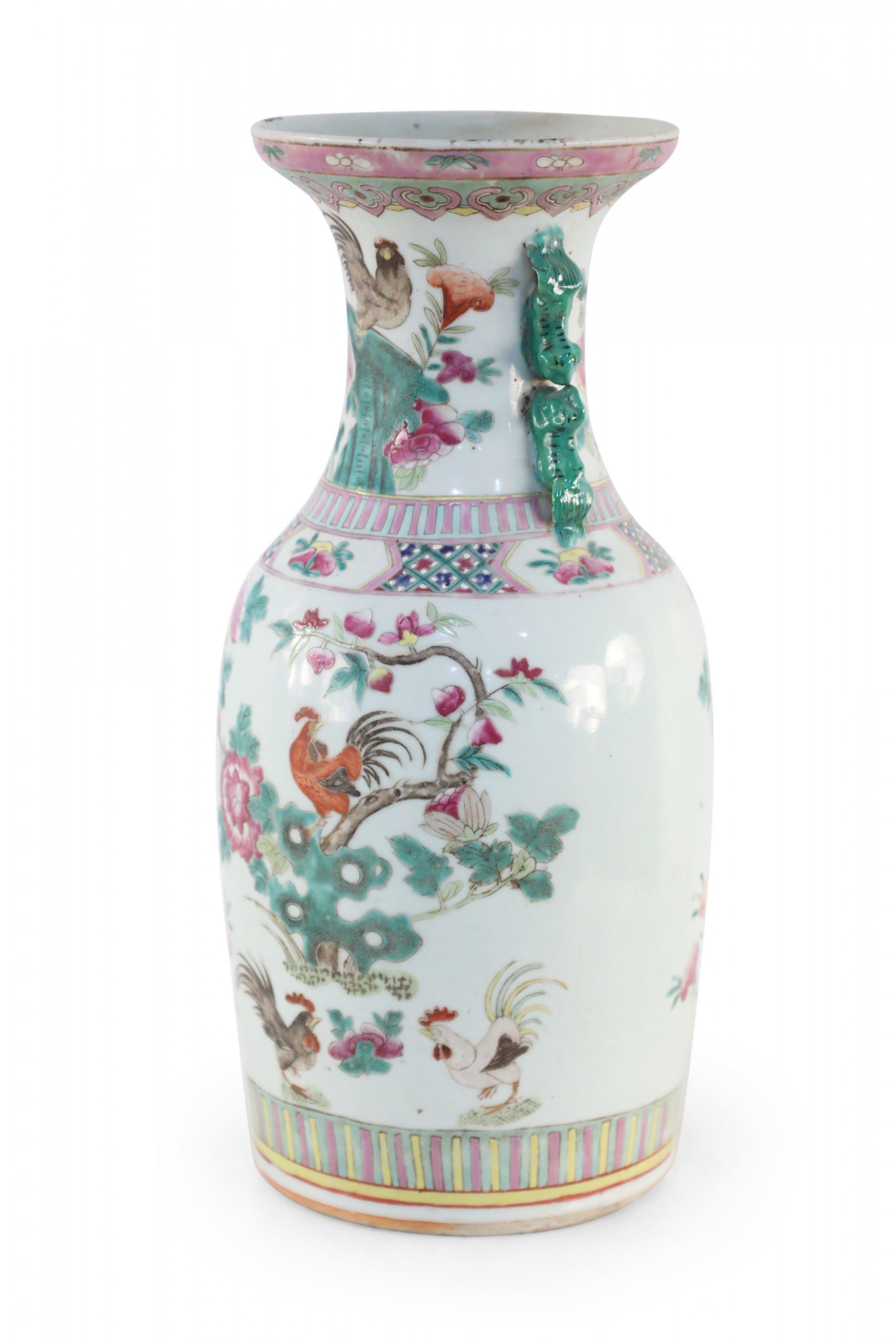 Chinese White, Green, and Pink Floral and Rooster Design Porcelain Urn In Good Condition For Sale In New York, NY