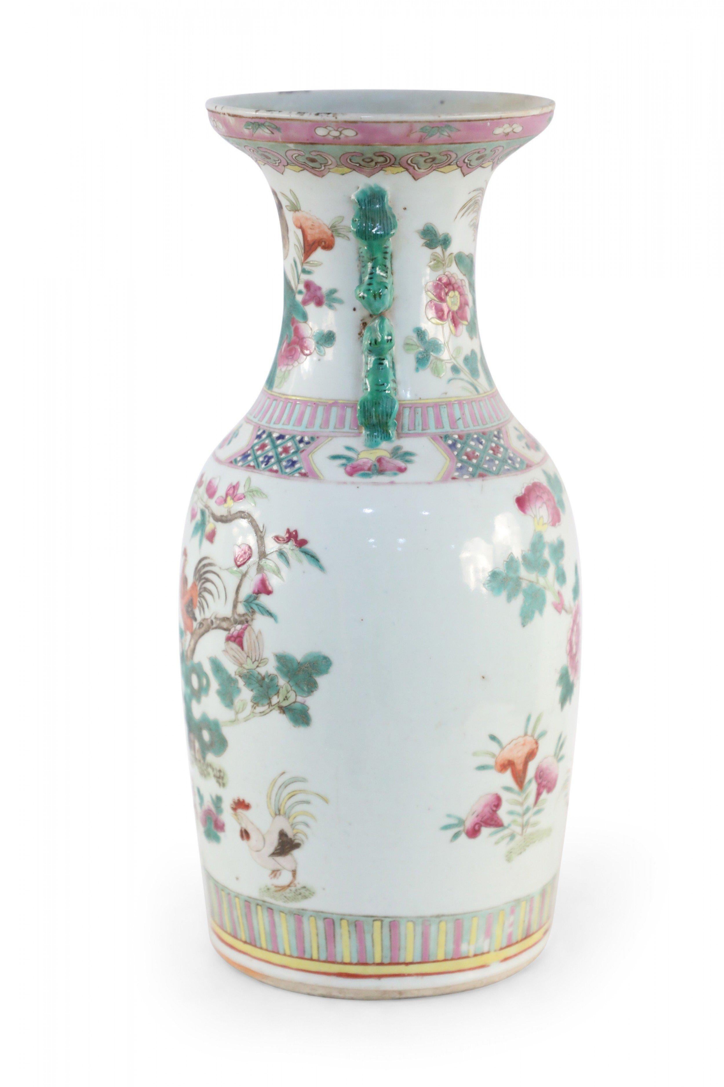 20th Century Chinese White, Green, and Pink Floral and Rooster Design Porcelain Urn For Sale