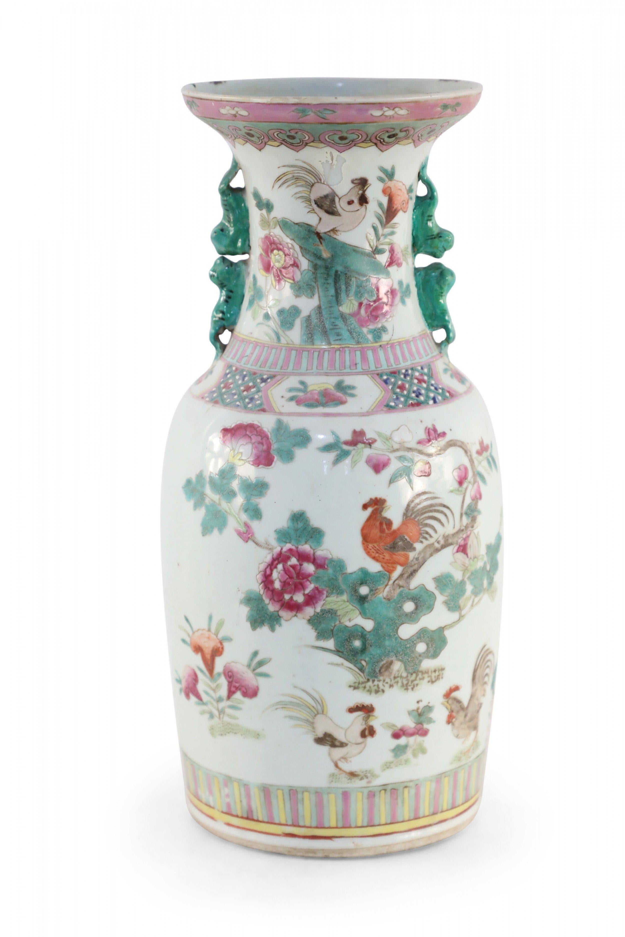 Chinese White, Green, and Pink Floral and Rooster Design Porcelain Urn For Sale 1