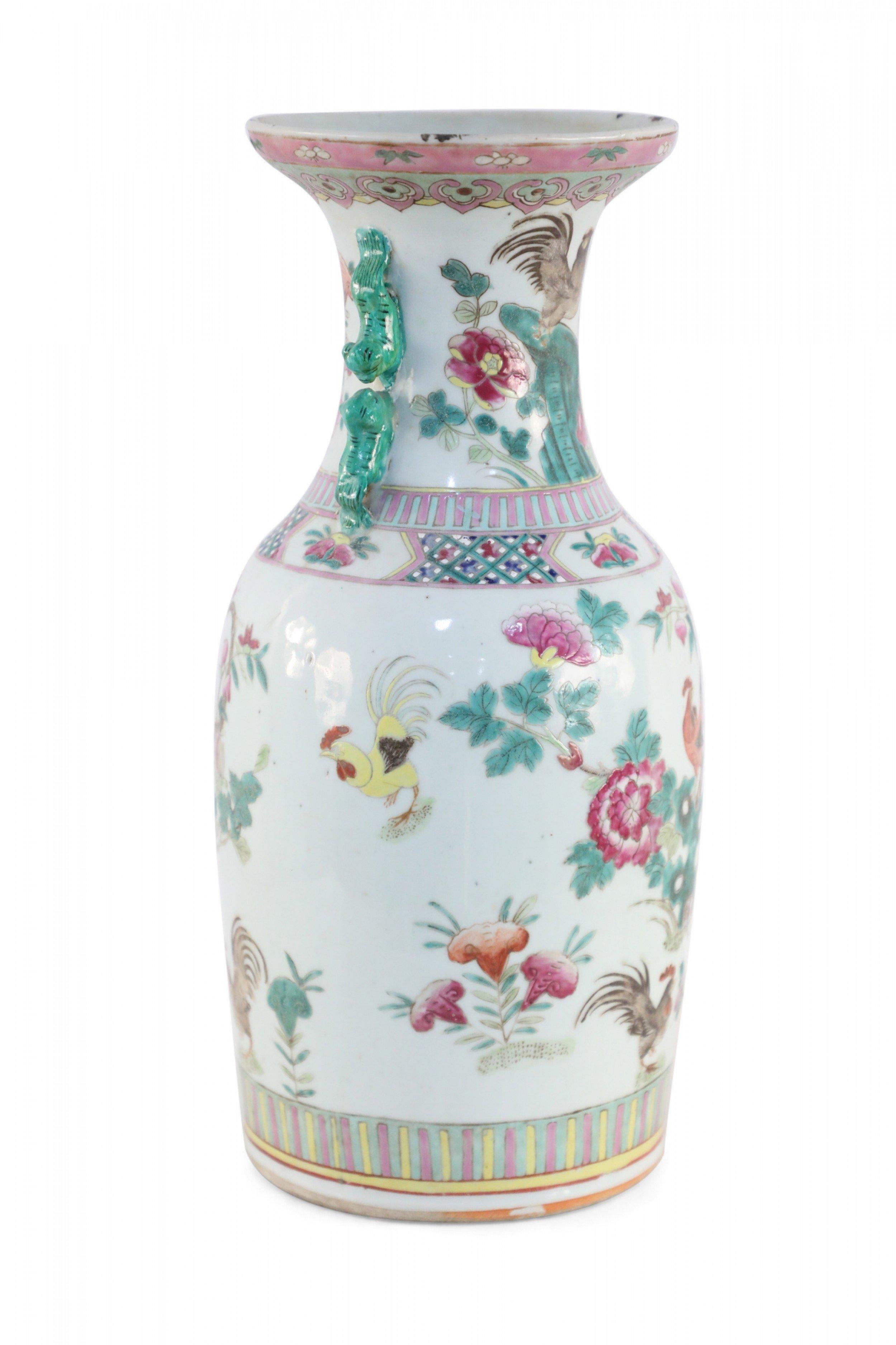 Chinese White, Green, and Pink Floral and Rooster Design Porcelain Urn For Sale 2