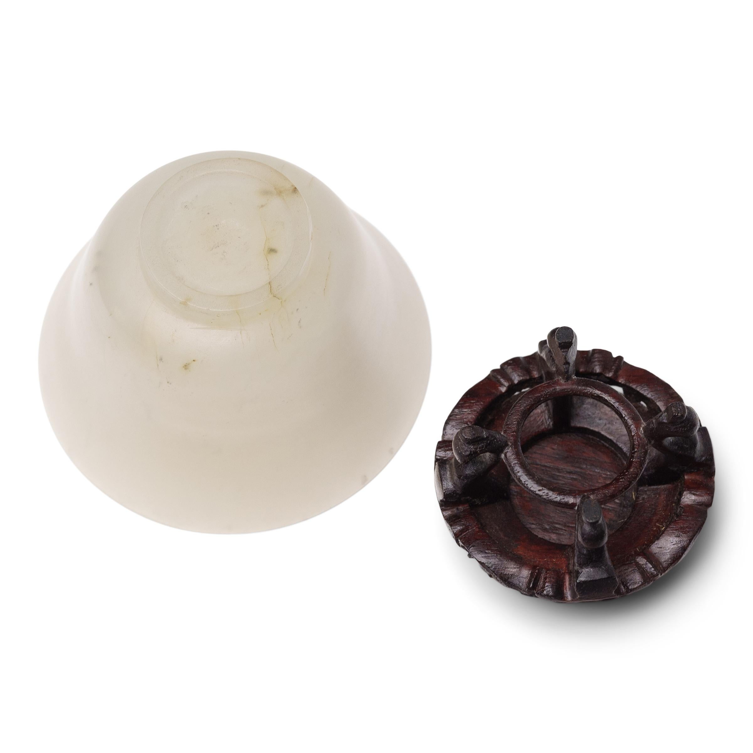 Carved Chinese White Jade Cup with Stand For Sale