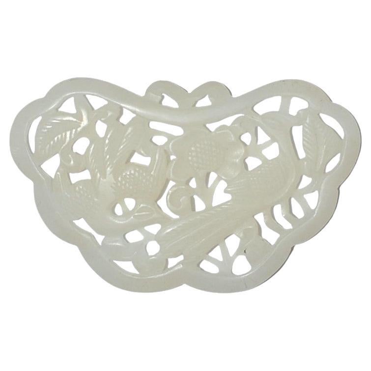 Large Chinese White Jade Openwork Pendant Pheasants Florals For Sale