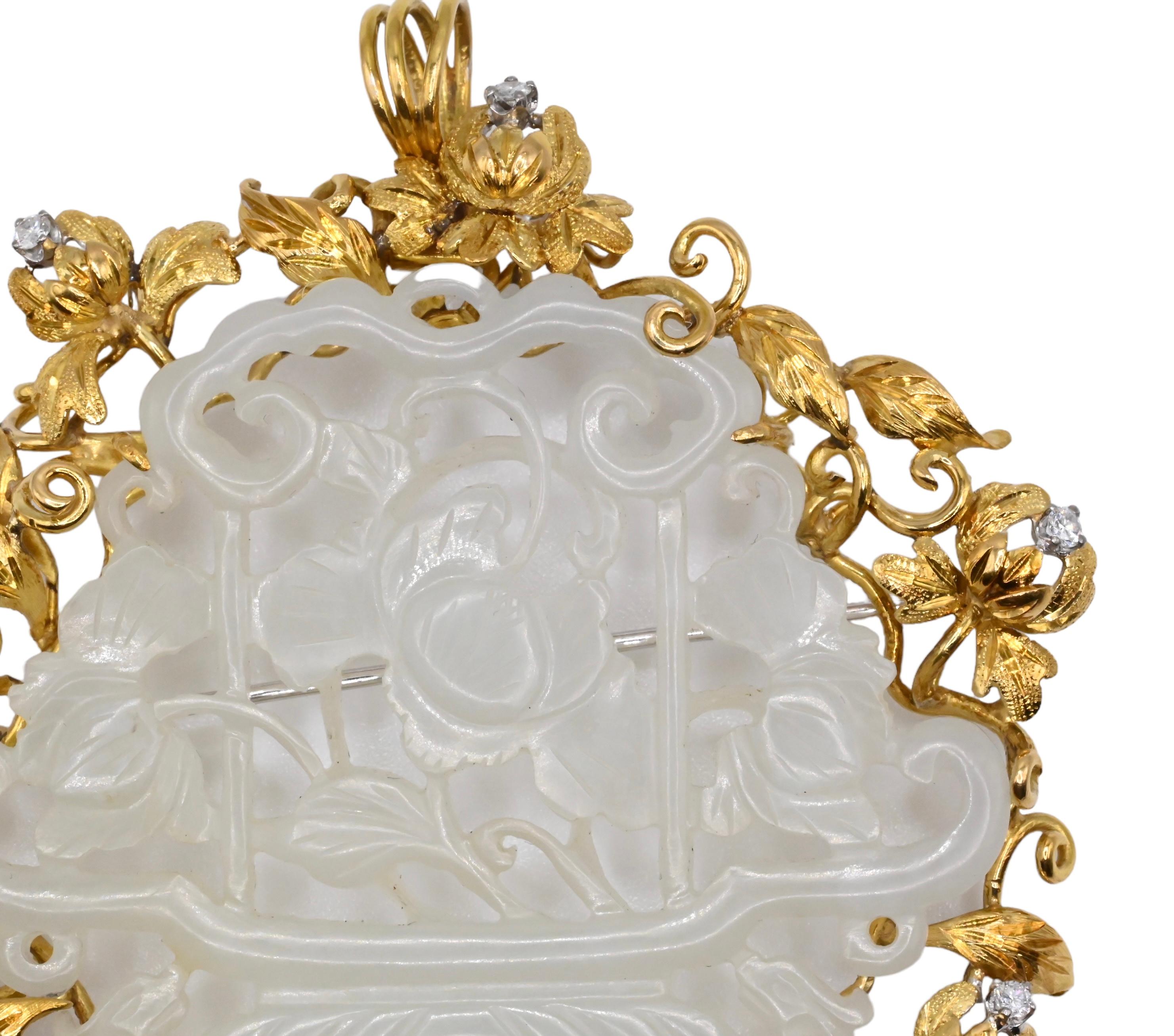 Round Cut  Chinese White Jade Pendant with 18K Yellow Gold & Diamonds