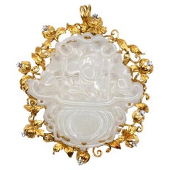  Pendentif chinois en jade blanc avec or jaune 18 carats et diamants