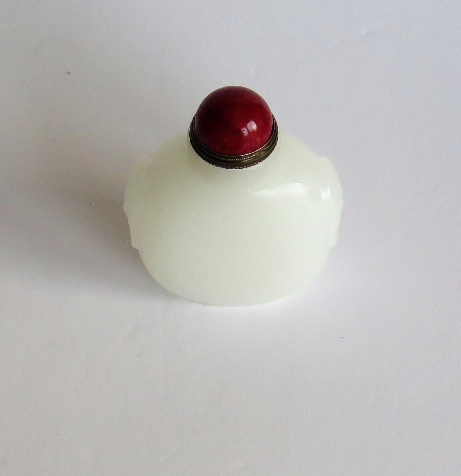 Chinese White Jade Snuff Bottle, Hand Carved with Red Stone Spoon Top   4