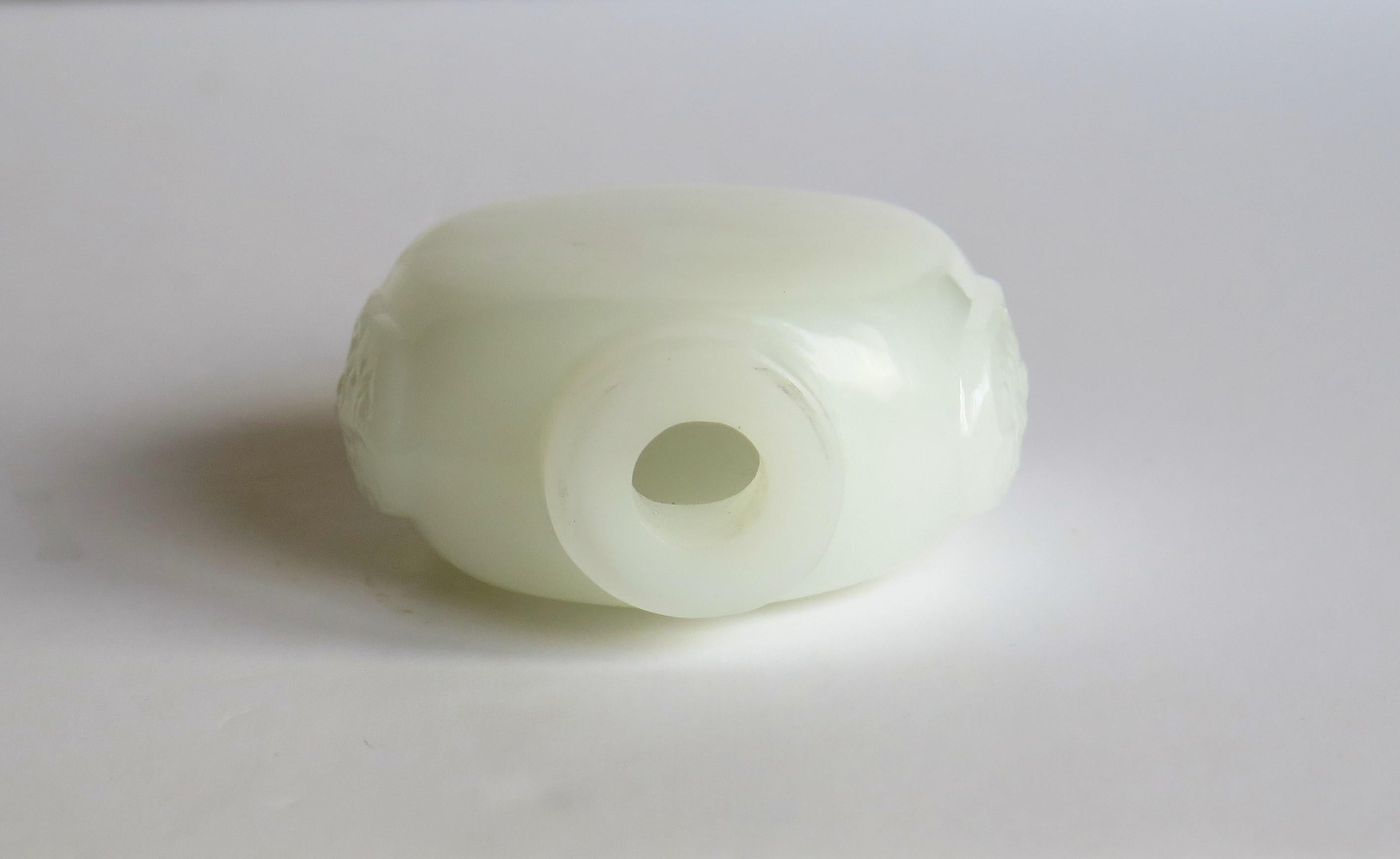 Chinese White Jade Snuff Bottle, Hand Carved with Red Stone Spoon Top   7