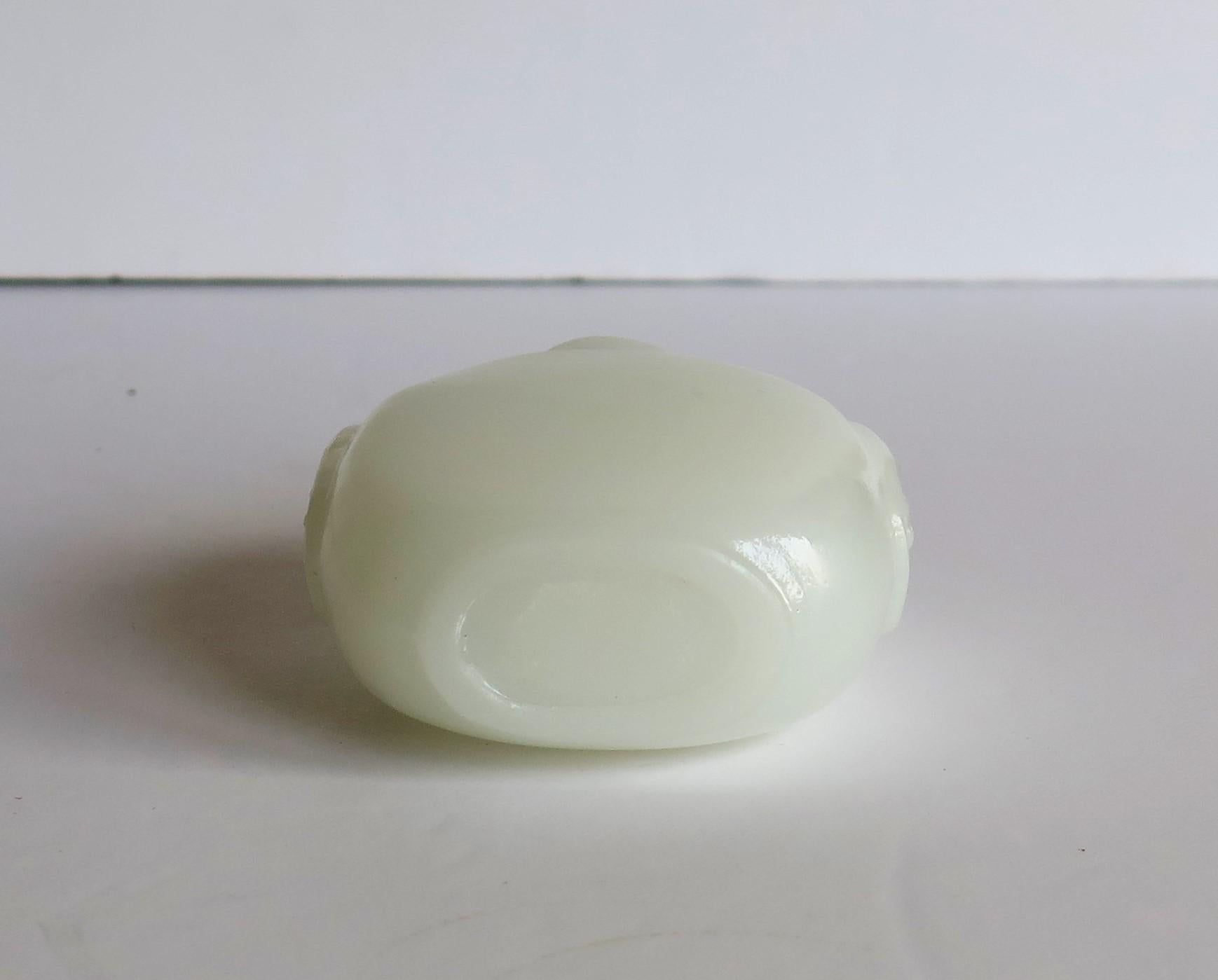 Chinese White Jade Snuff Bottle, Hand Carved with Red Stone Spoon Top   11