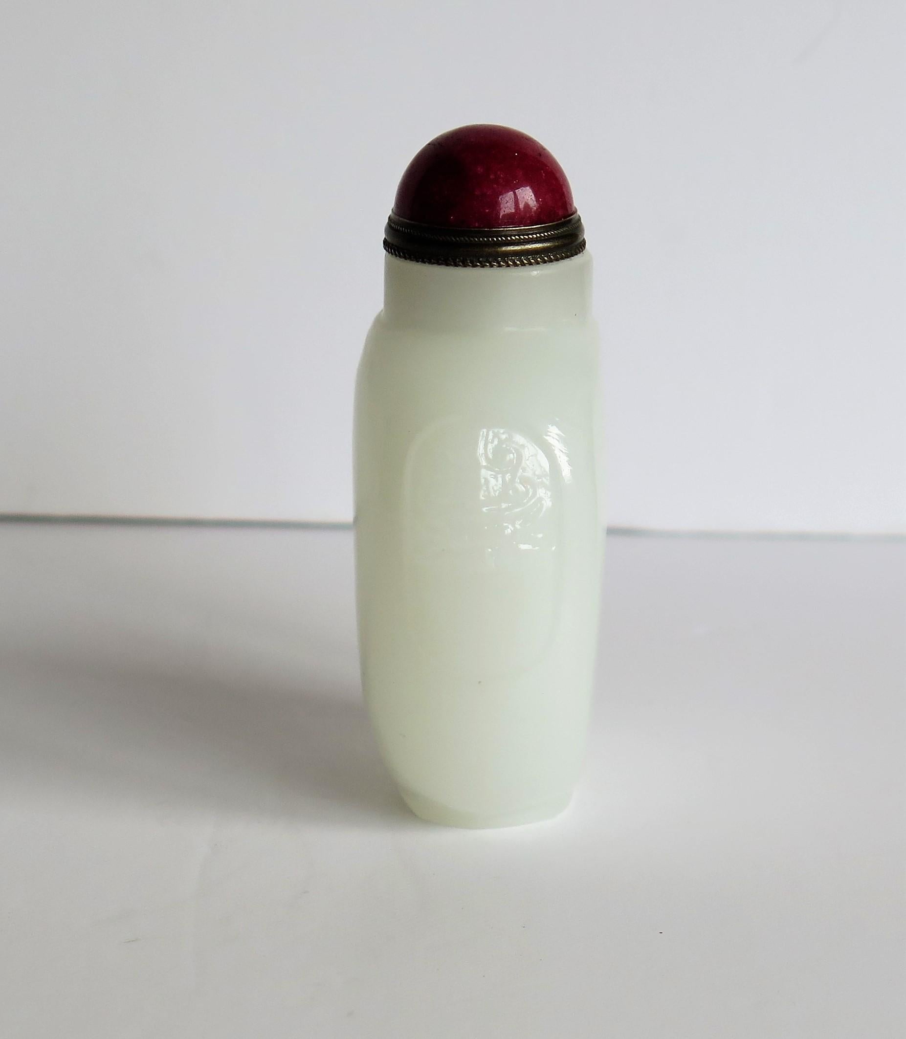 Hand-Carved Chinese White Jade Snuff Bottle, Hand Carved with Red Stone Spoon Top  