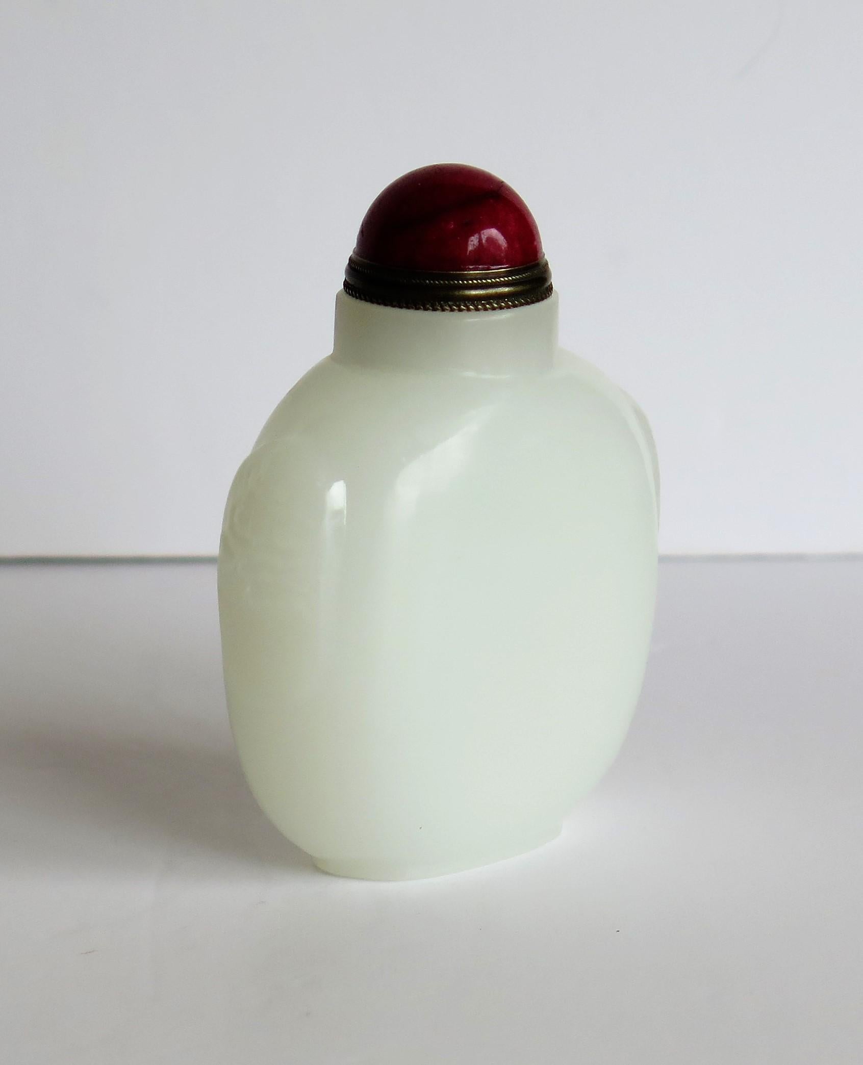 20th Century Chinese White Jade Snuff Bottle, Hand Carved with Red Stone Spoon Top  
