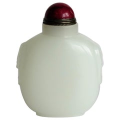 Retro Chinese White Jade Snuff Bottle, Hand Carved with Red Stone Spoon Top  