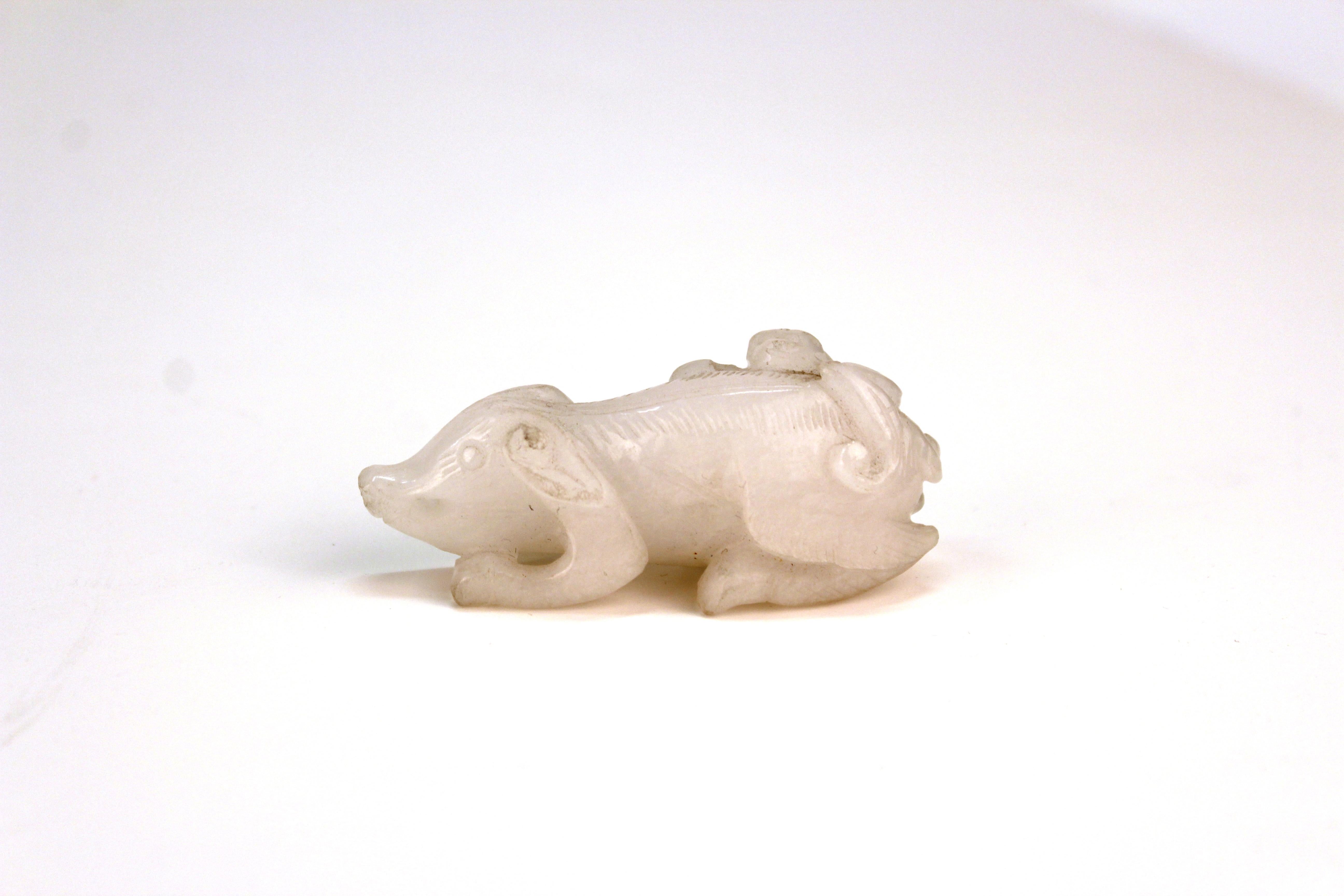 Chinese White Jadeite Sculpture of a Small Pig with Bat In Good Condition In New York, NY